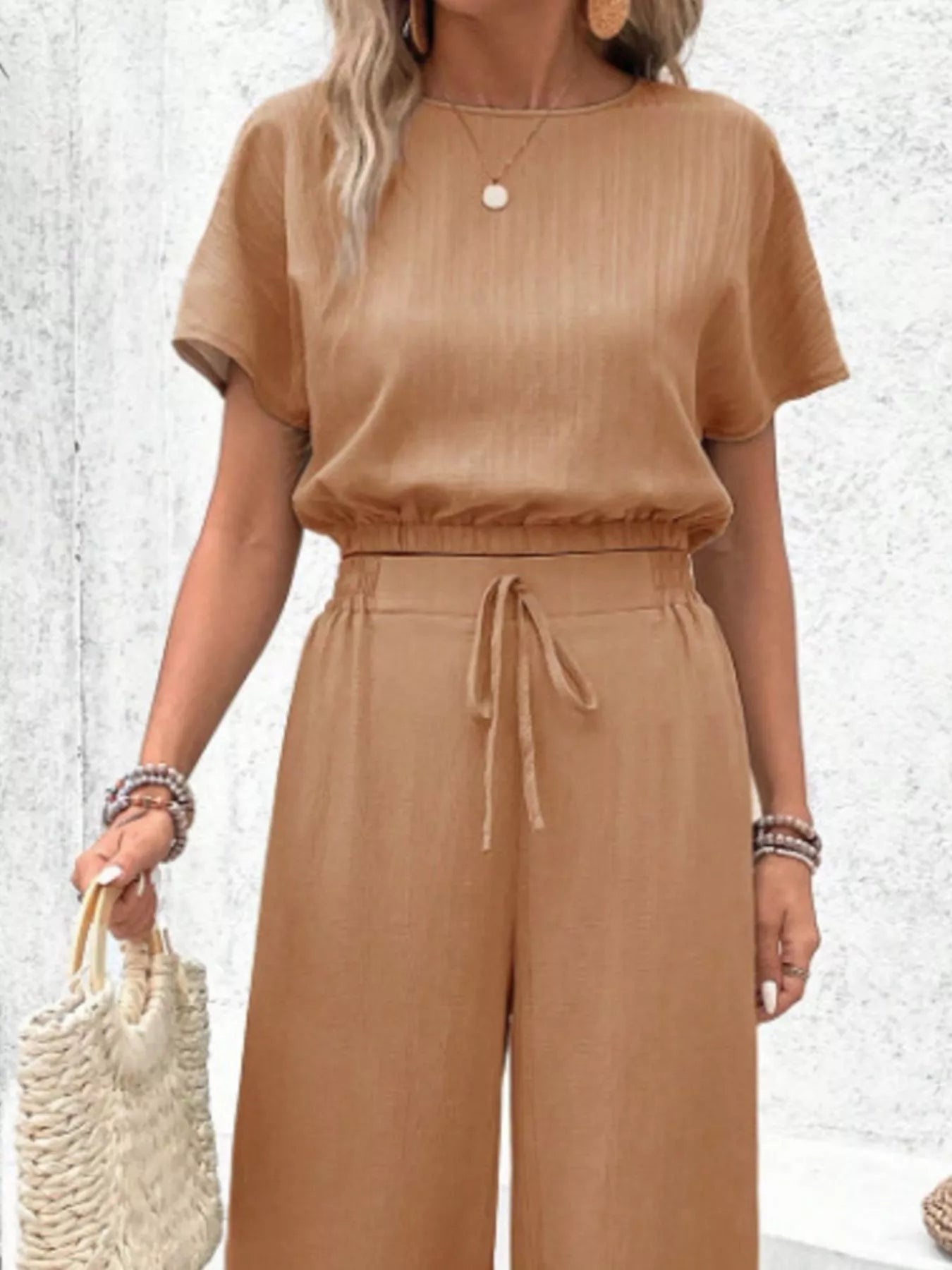 Round Neck Short Sleeve Top and Pants Set 5351559d-b3b5-4b44-adaa-8c7f35b3cc67-Max-Origin