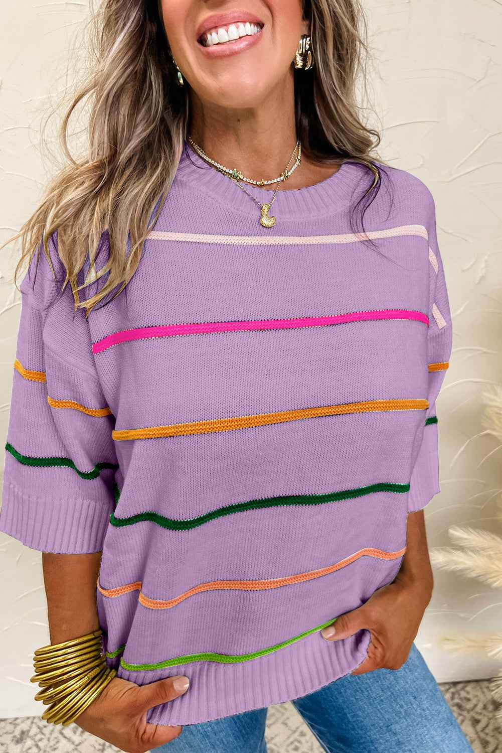Orchid Petal Striped Half Sleeve Drop Shoulder Sweater 535a64d56e588ad6
