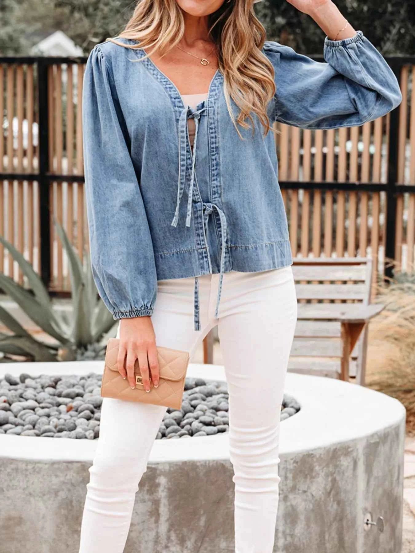Tied Front Puff Sleeve Denim Top 535a9014-3adf-4290-8286-02e1c4817c6d-Max-Origin
