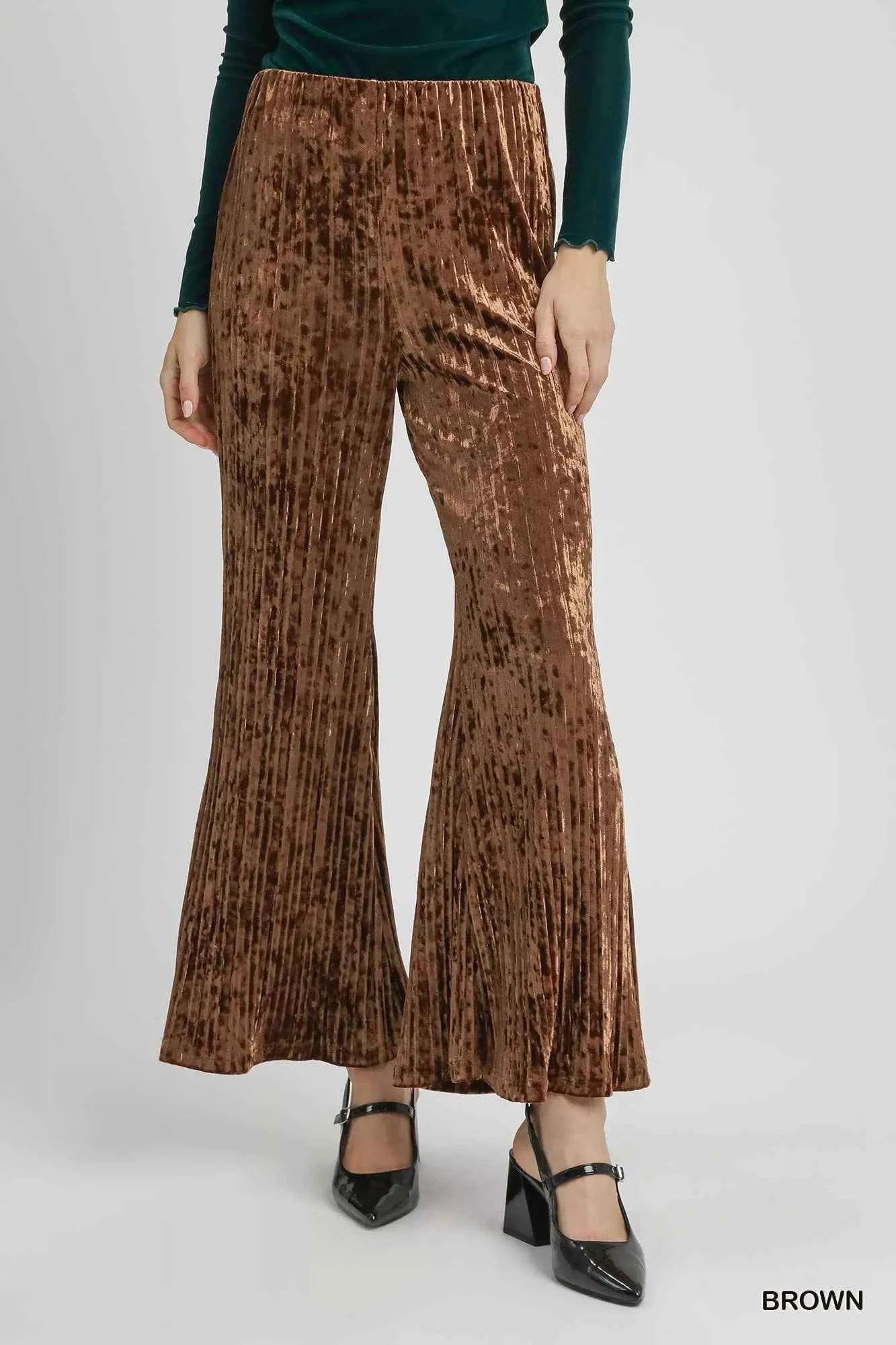 Umgee Velvet Pleated Wide Leg Pants Brown 5361960a-9b85-4484-a795-3ac4fced84c7-Max-Origin