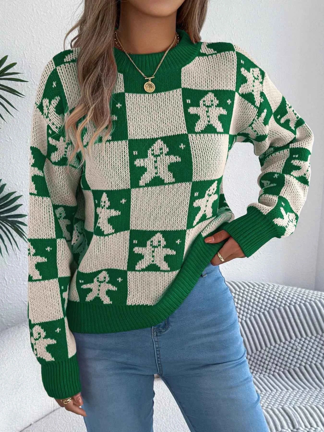 Christmas Checkerboard Gingerbread Round Neck Sweater 536c3288-0d53-4d1e-b052-f7b5acba15f6-Max-Origin
