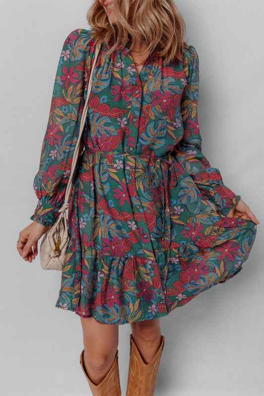 Floral Frilled V-Neck Puff Sleeve Ruffle Shirt Dre Green 5384a7b0-19dd-424c-924b-9dc48eec7c84