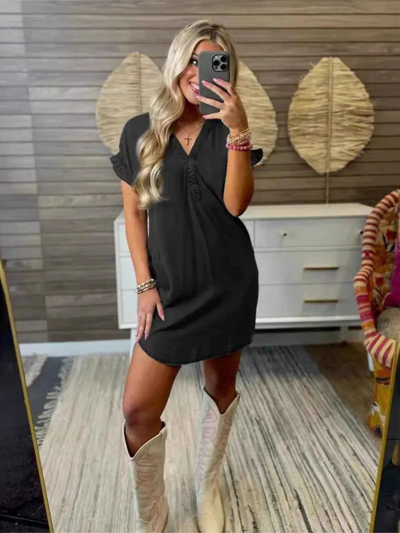 Full Size V-Neck Short Sleeve Denim Dress Plus Size Black 53893d20479c444395a8de375f6c8746-Max-Origin