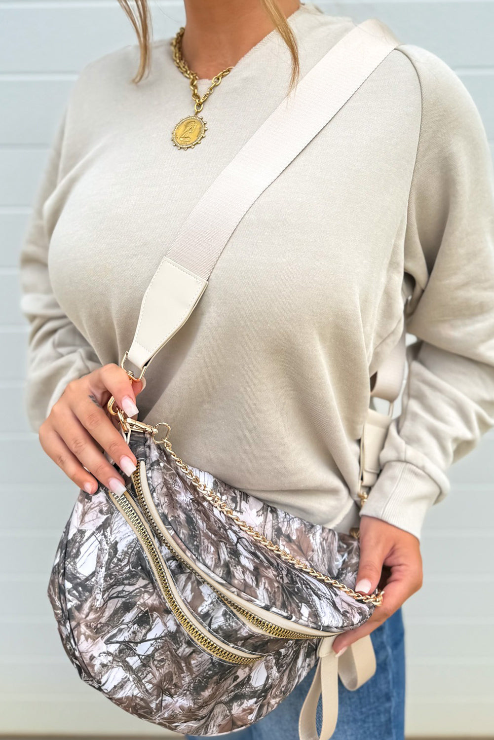 White Camouflage Print Double Zipper Crossbody Bag 5392997e3400cca2