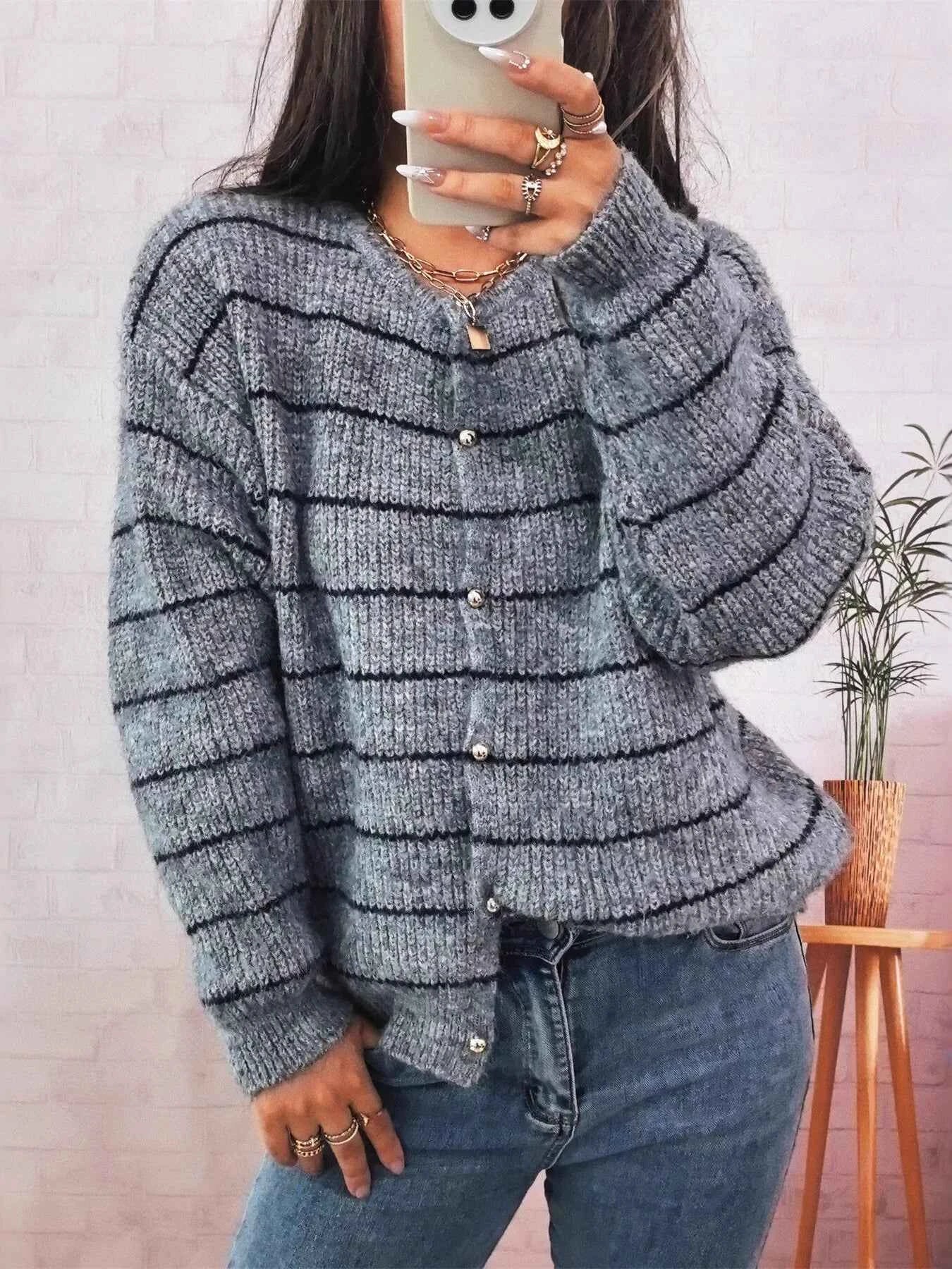 Striped Button Up Long Sleeve Cardigan Gray One Size 53baf5c2281747e3a83aefa6320b4465-Max-Origin