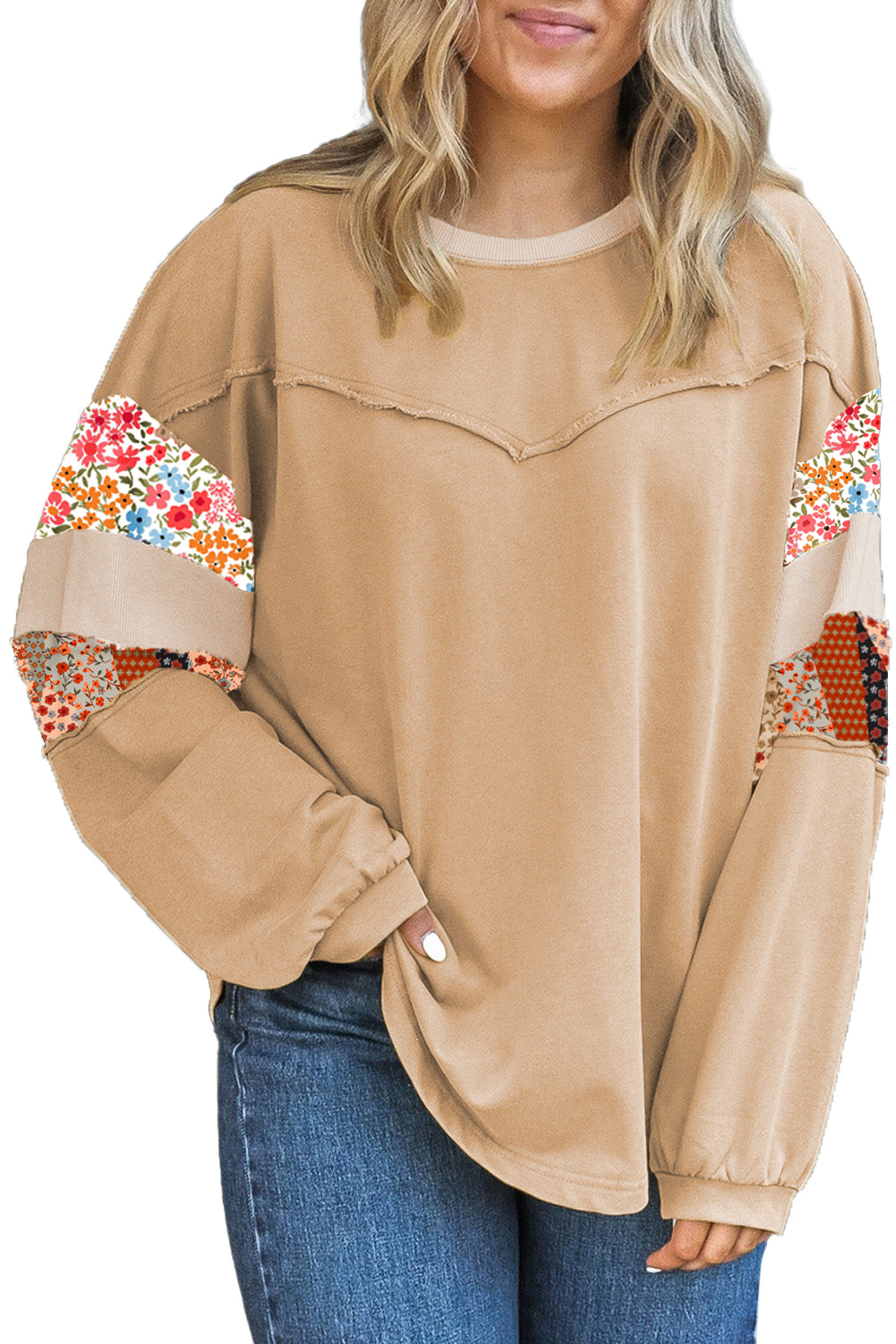 Khaki Exposed Seam Floral Mixed Patchwork Plus Size Top Khaki 80%Polyester+20%Cotton 53d54cf6f81f840e