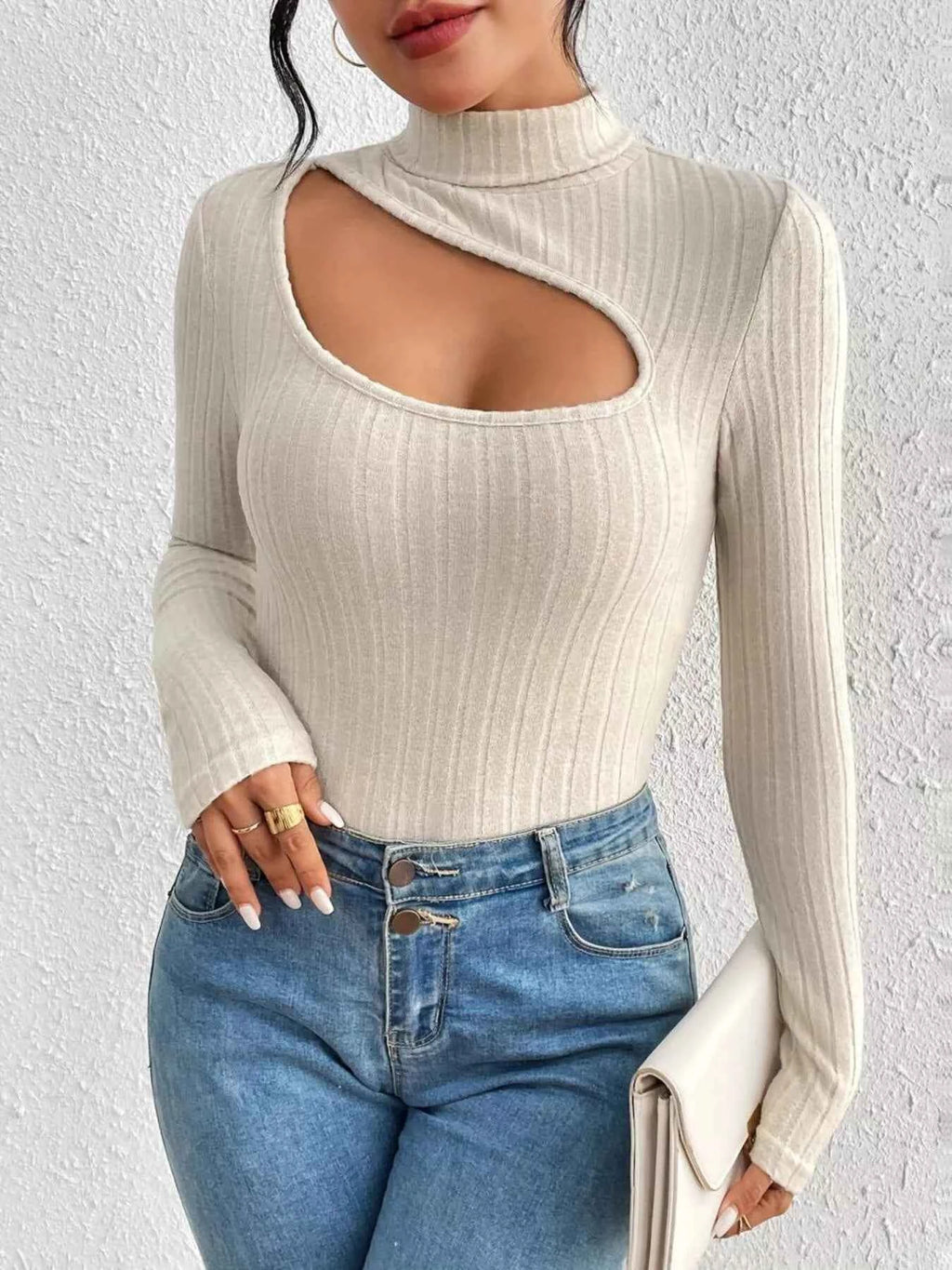 Ribbed Turtleneck Cutout Long Sleeve T-Shirt 53d8607f67f94c84937f646e37e2f0c0-Max-Origin