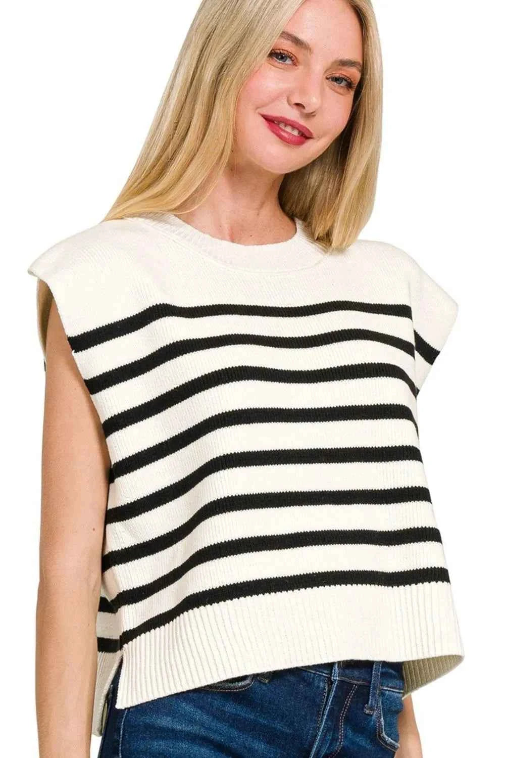 Zenana Oversized Crew Neck Stripe Sweater Vest BLACK 53dc0d5f-83e4-44ca-b85d-4a57614330e8-Max-Origin