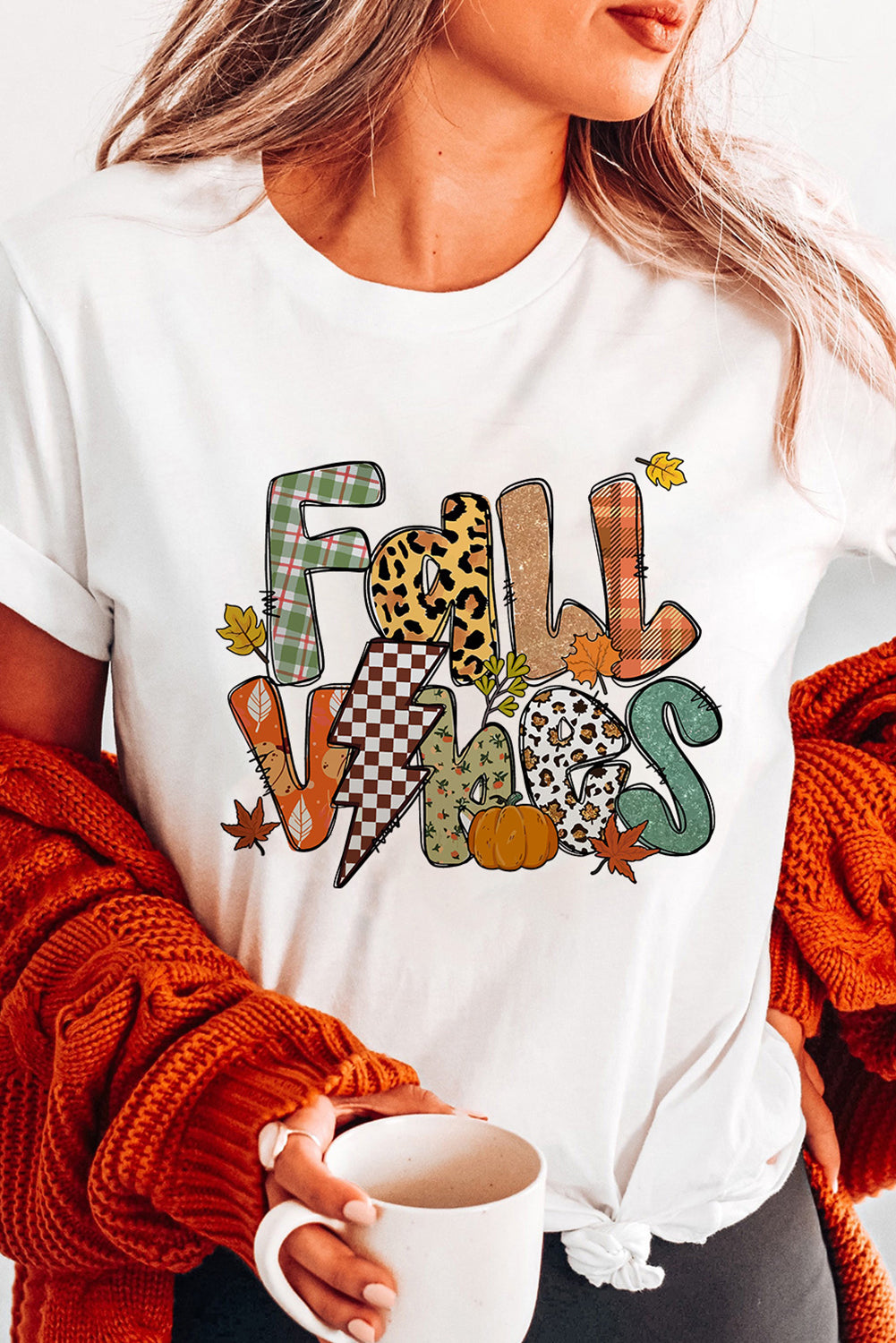White FALL VIBES Cotton Blend Heat Transfer Printing Casual T Shirt 540c6f4630203916