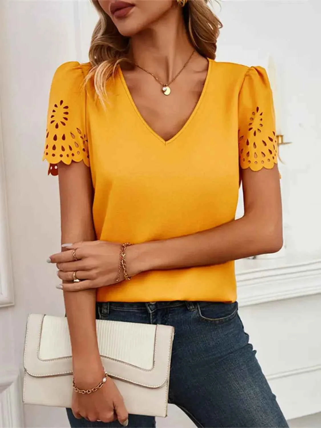 V-Neck Laser Cut Sleeve Blouse 540c7ea4-b46c-42f5-a8f8-239c3efee1a1-Max-Origin