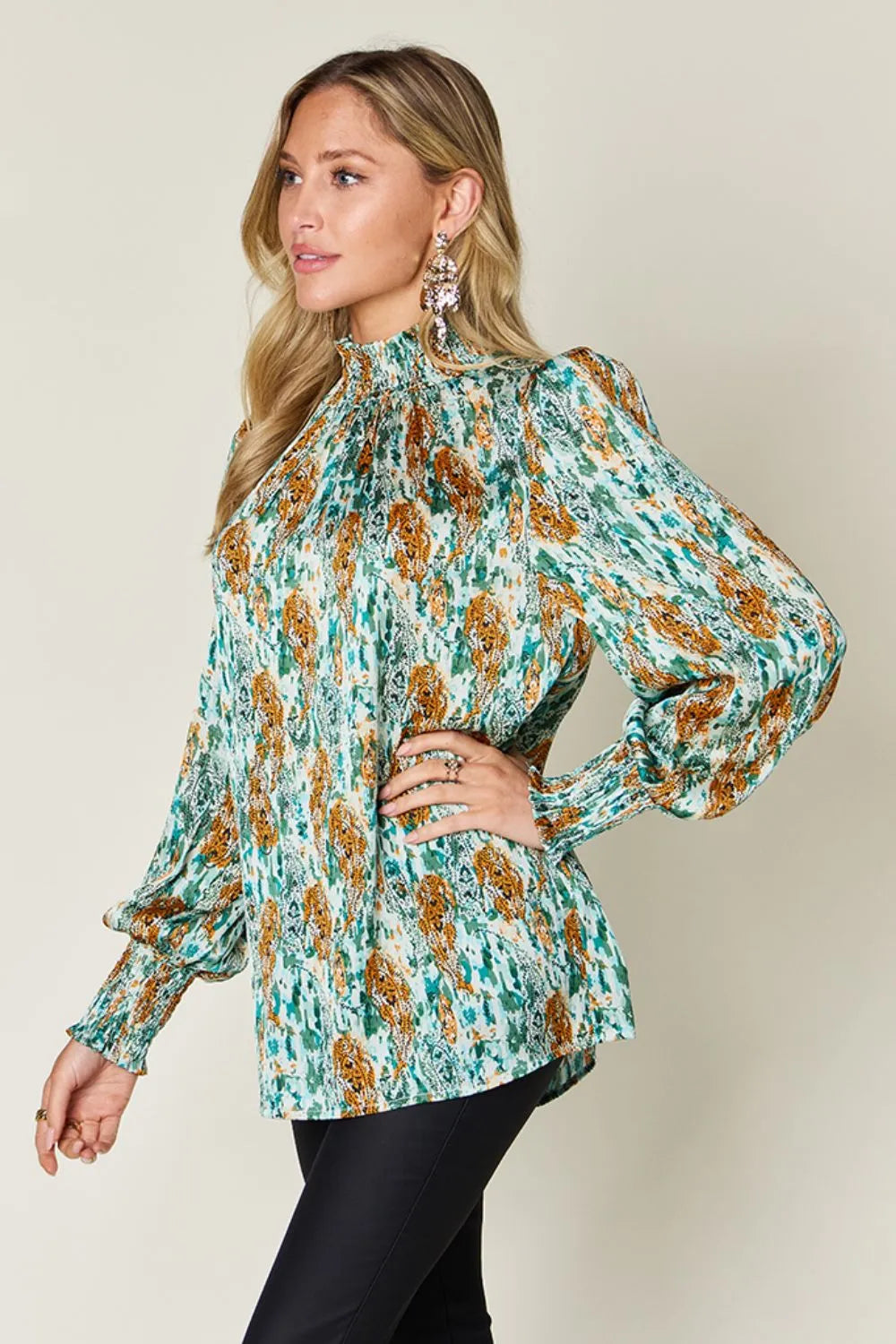 Double Take Full Size Printed Smocked Long Sleeve Blouse 541d51fa-25d2-40be-9933-b7af115f245b-Max