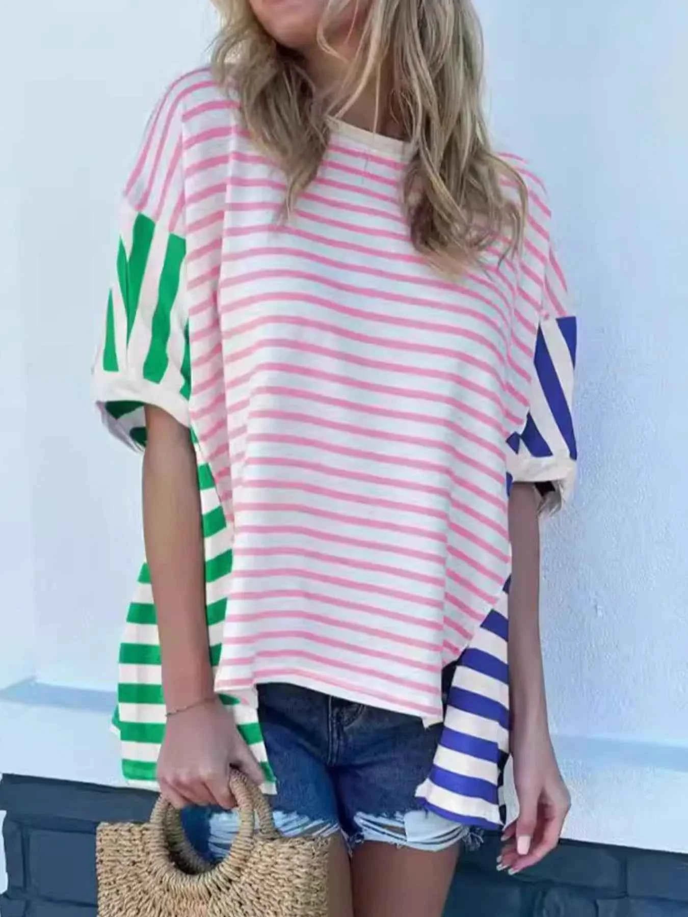 Colorful Striped Oversized T-Shirt Pink 542b864a-bae8-418b-8560-a9ec04575c3b-Max-Origin
