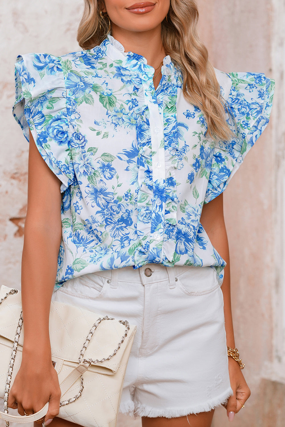 Sky Blue Floral Print Ruffle Sleeve Frill Shirt Sky Blue 5468fa3eeaba005a