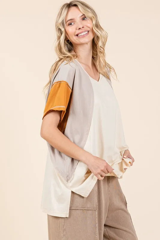 Mittoshop Color Block V-Neck Short Sleeve T-Shirt 546f9d67-22ed-4292-a546-f17bc3634af9-Max