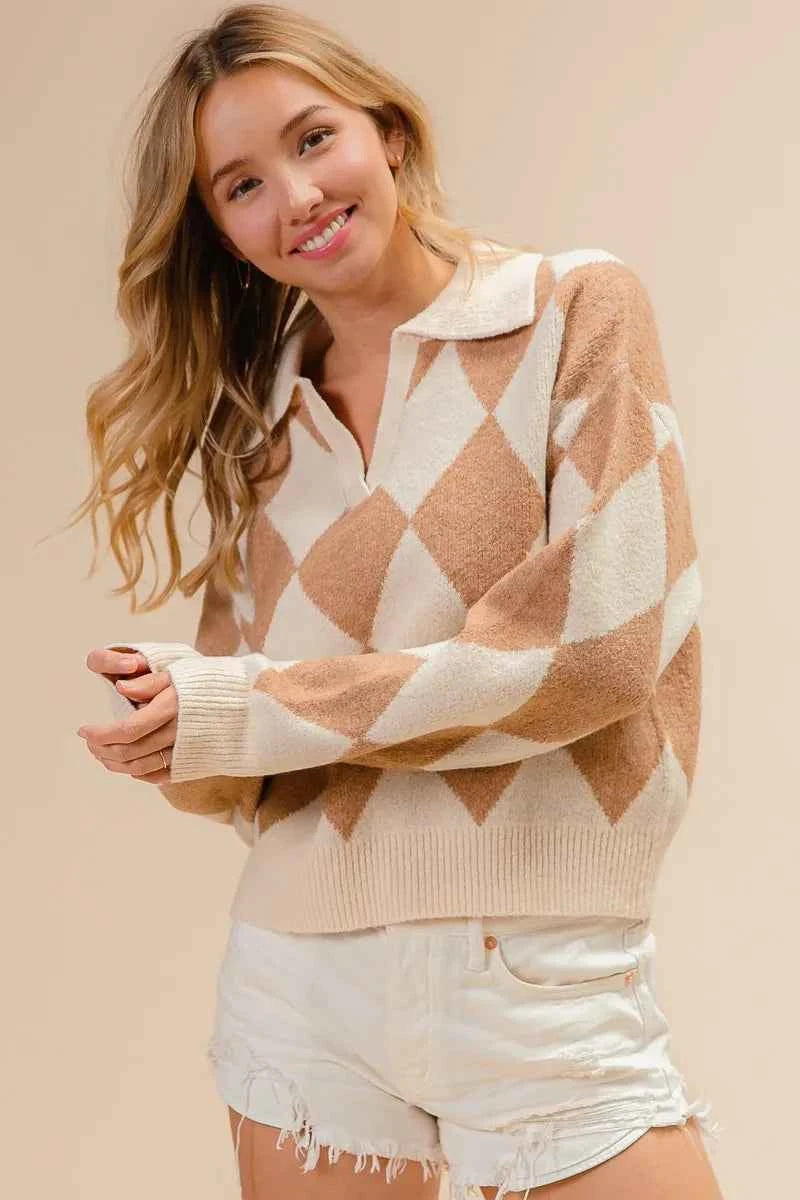 BiBi Diamond Pattern Collared Notch Neck Sweater 5483293537ad4d21b3132cb8c840705a-Max-Origin