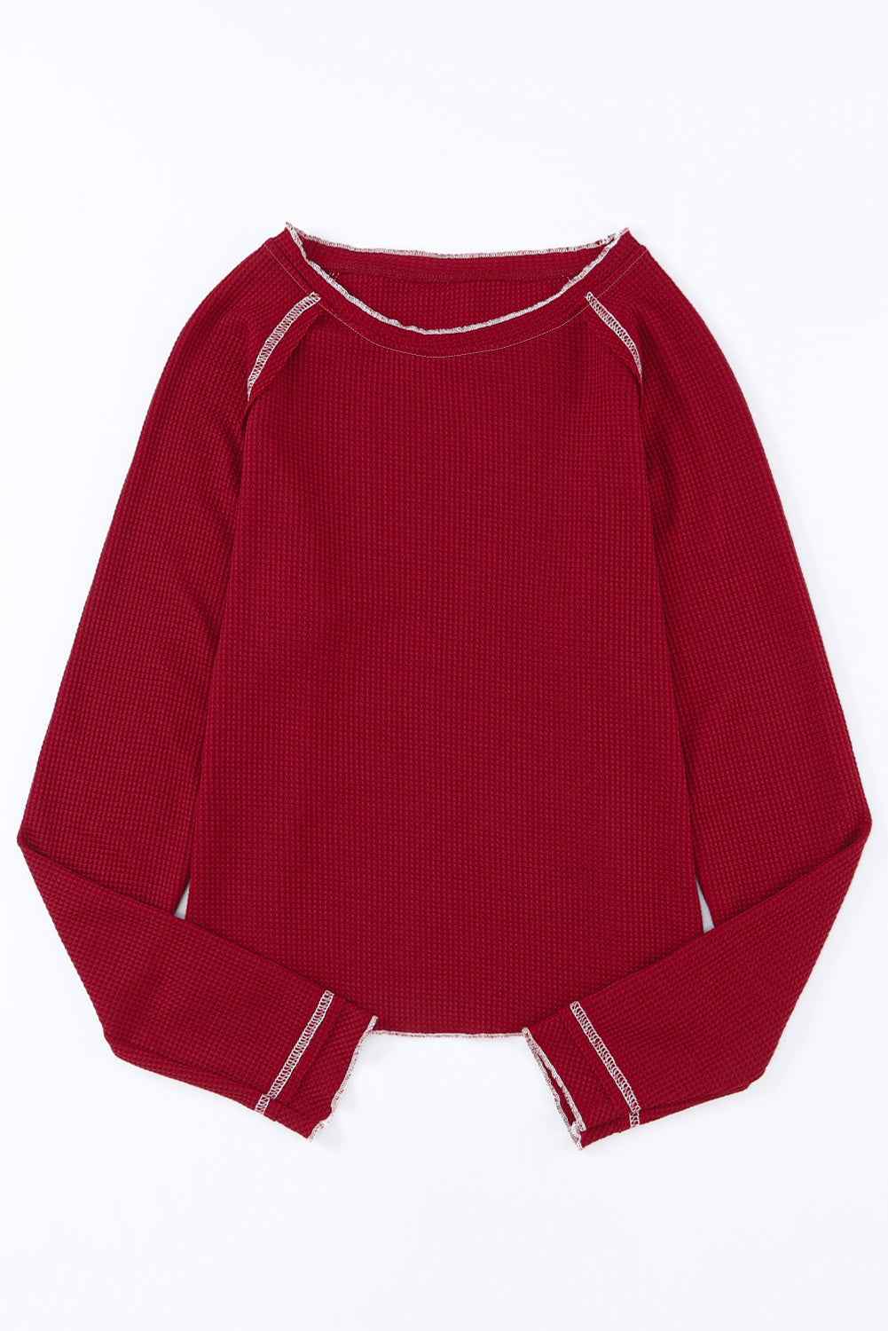 Red Exposed Seam Textured Pullover Long Sleeve Top 54867dbdf82447bf