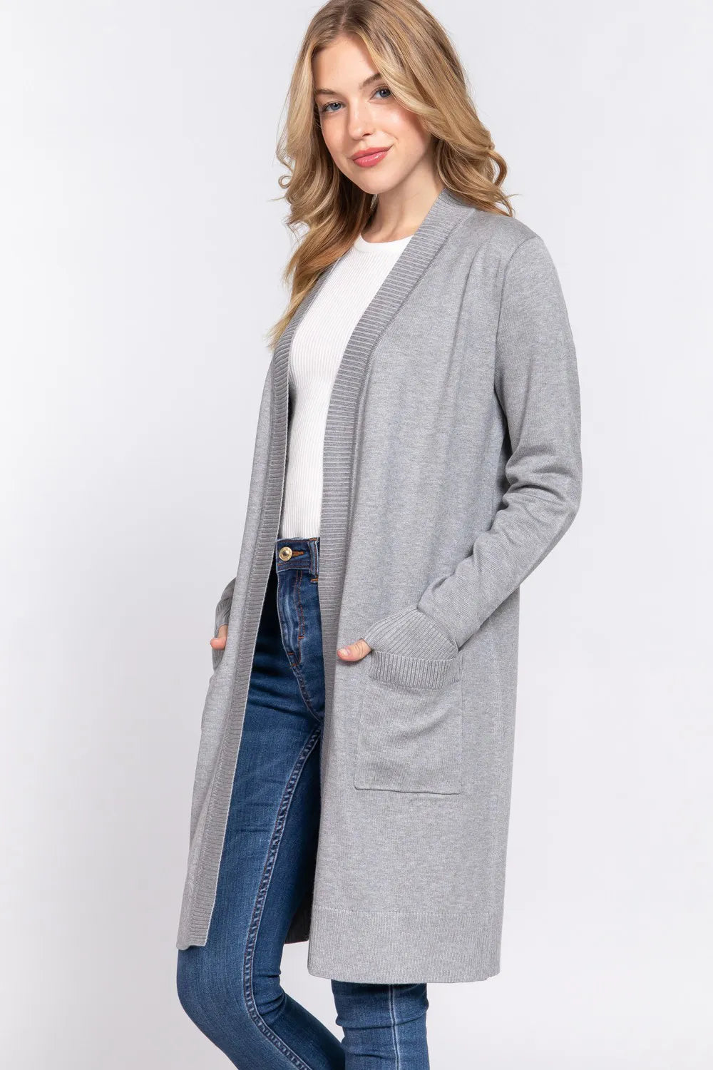 ACTIVE BASIC Open Front Rib Trim Long Sleeve Knit Cardigan 54887a8f-74b2-4396-a7cd-30262af9491b-Max