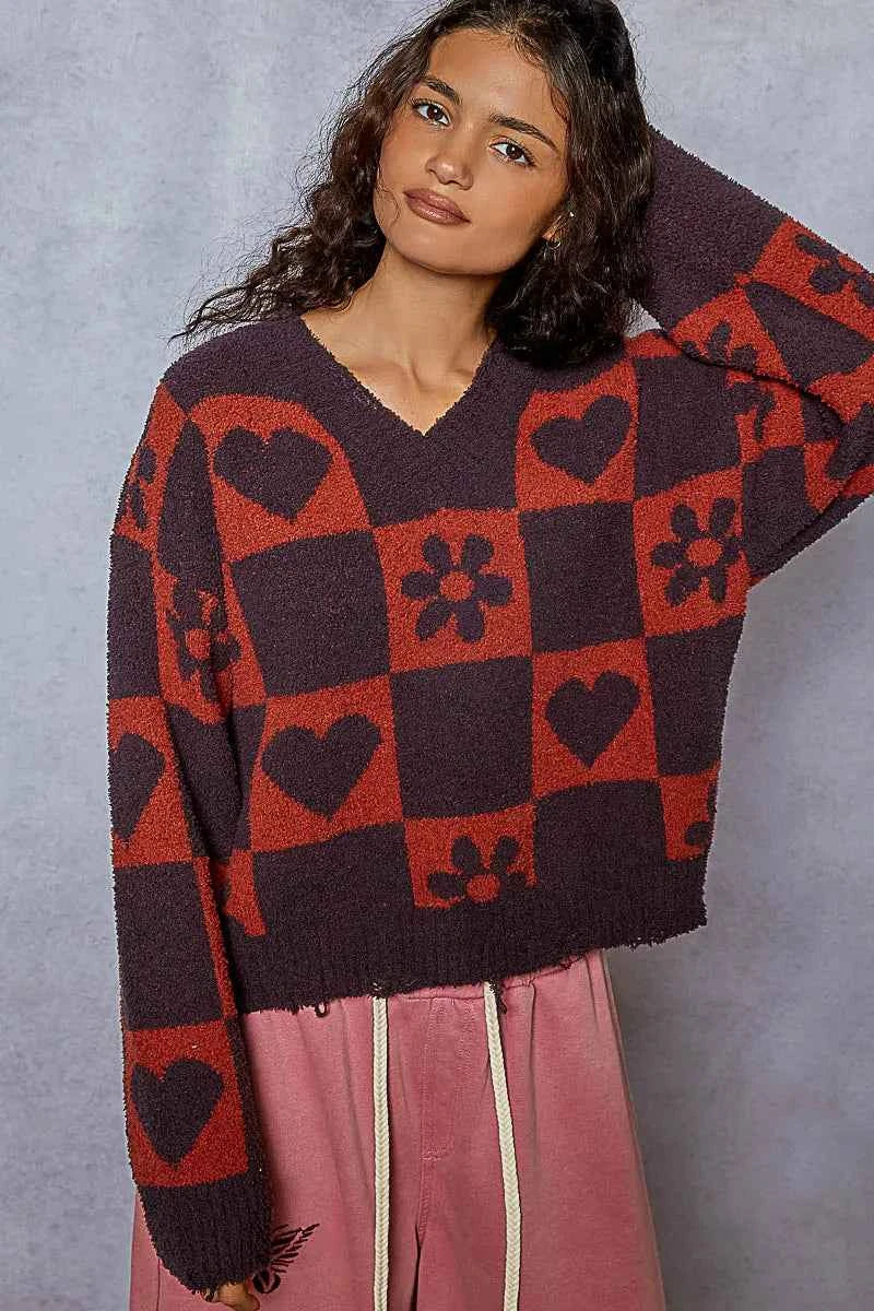 POL V-Neck Heart Pattern Checkered Sweater CHARCOAL BURGUN 548f01f6-592a-47d6-98a3-4a34fd6a7e41-Max-Origin