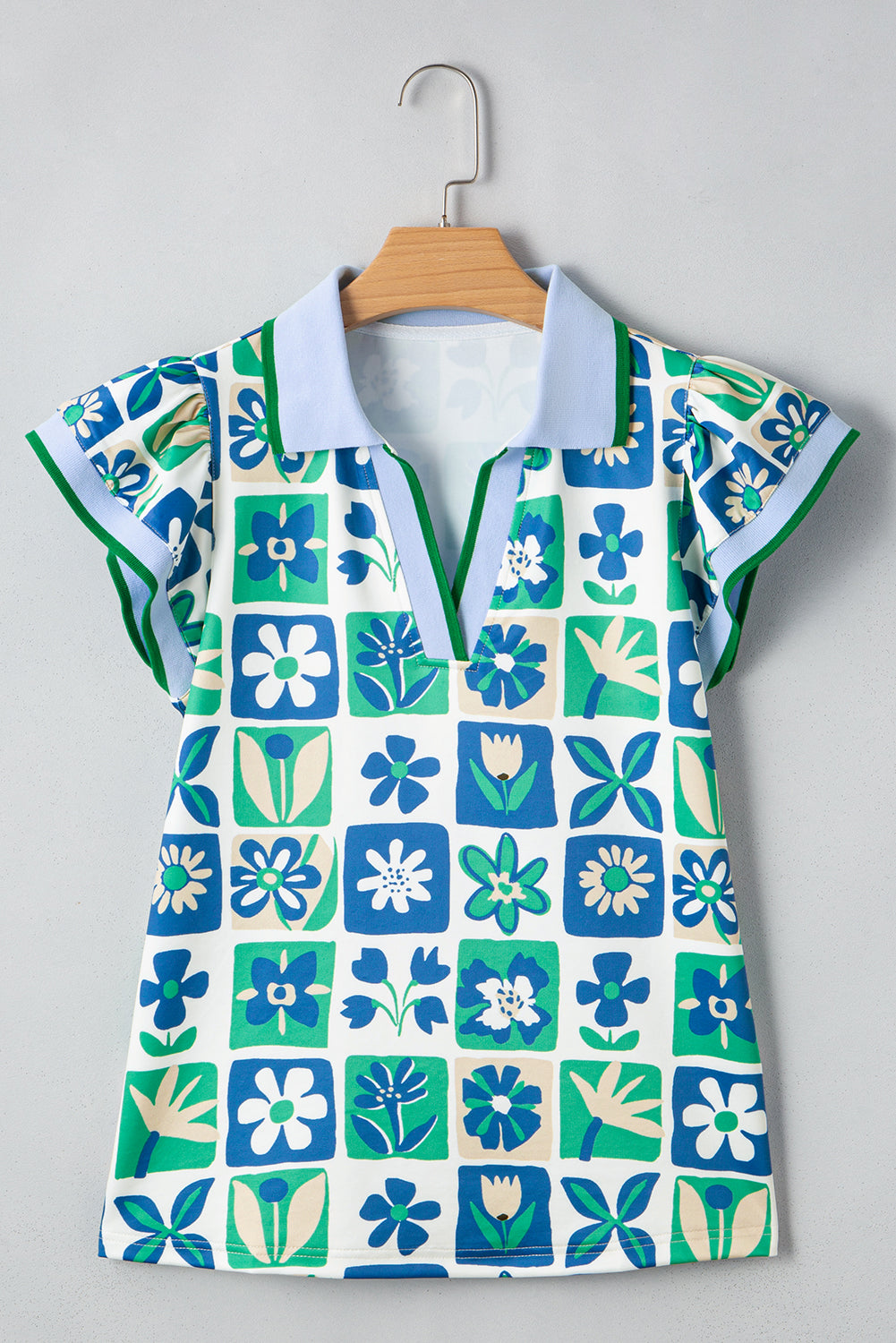 Green Floral Plaid Colorblock Flutter Sleeve Blouse 5496ac4dad2157e5