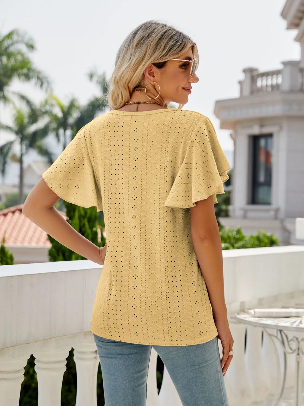 Eyelet Round Neck Flutter Sleeve T-Shirt 54987672-6f37-47e3-a303-3b7039d9de53-Max-Origin