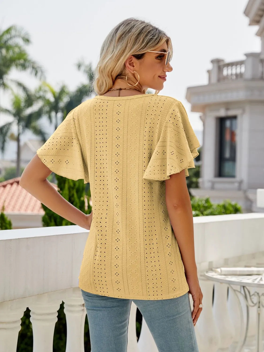 Eyelet Round Neck Flutter Sleeve T-Shirt 54987672-6f37-47e3-a303-3b7039d9de53-Max-Origin