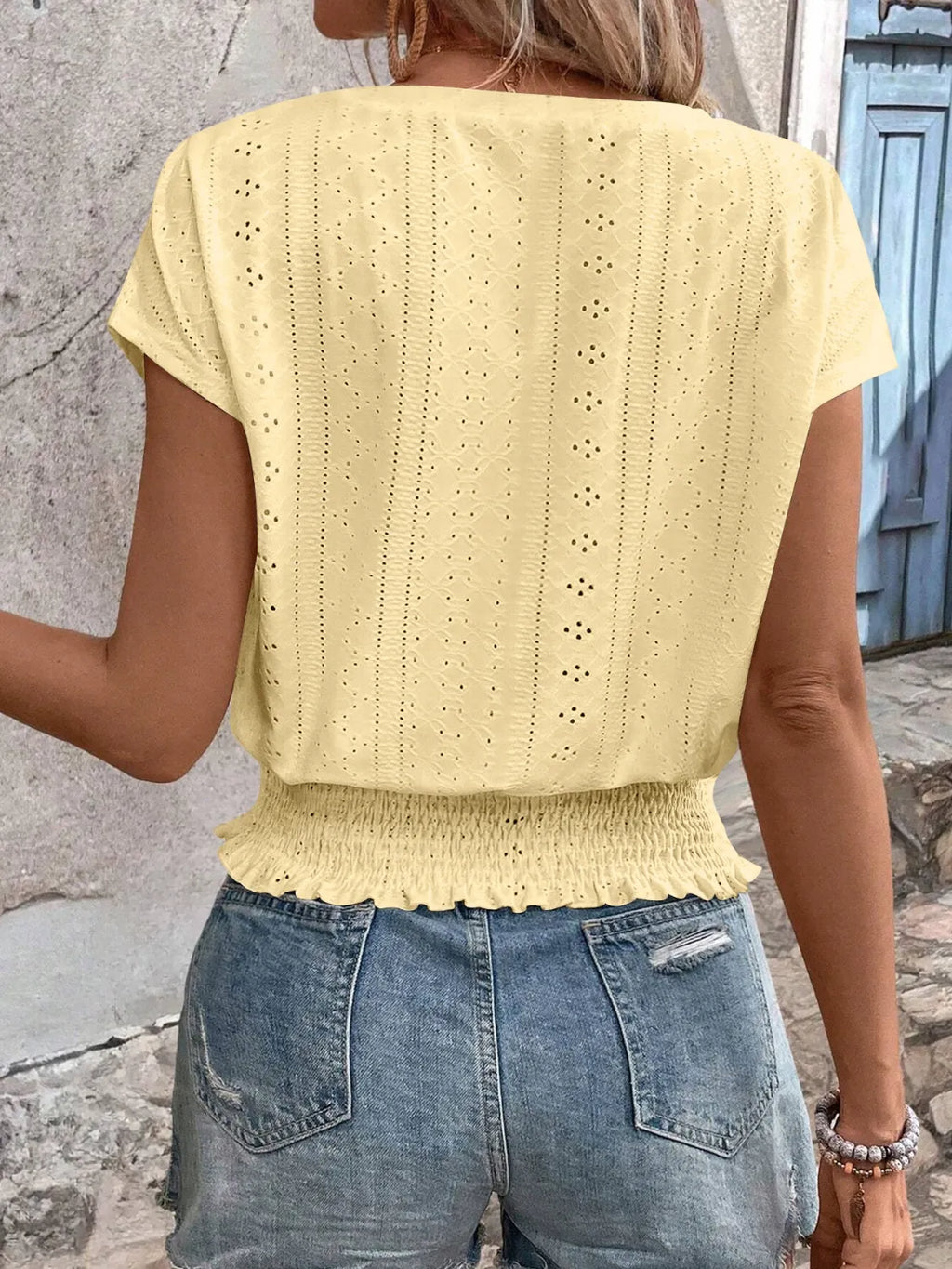 Eyelet V-Neck Short Sleeve Blouse 54a9268f-4035-47b3-b5df-5f99e0b30f5c-Max-Origin
