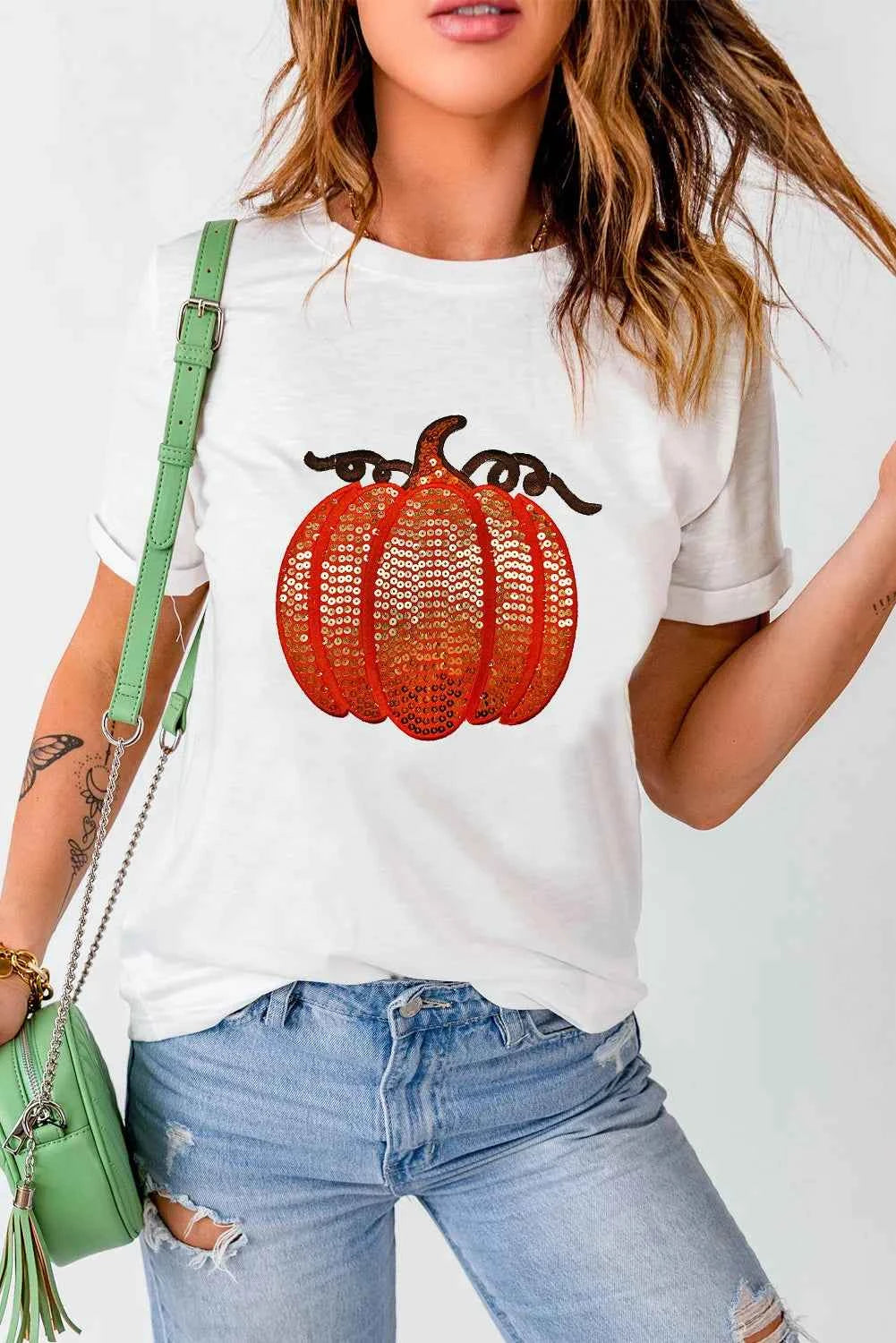 Full Size Sequin Pumpkin Round Neck Short Sleeve T-Shirt 54b7cb52-f7a7-4d9d-8094-dd07f38c0532-Max