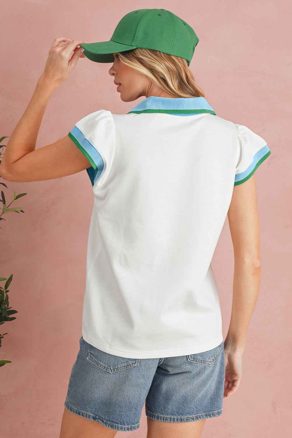 White Pop of Color Collared V Neck Ruffle Sleeve Blouse 54de186b1561cffc