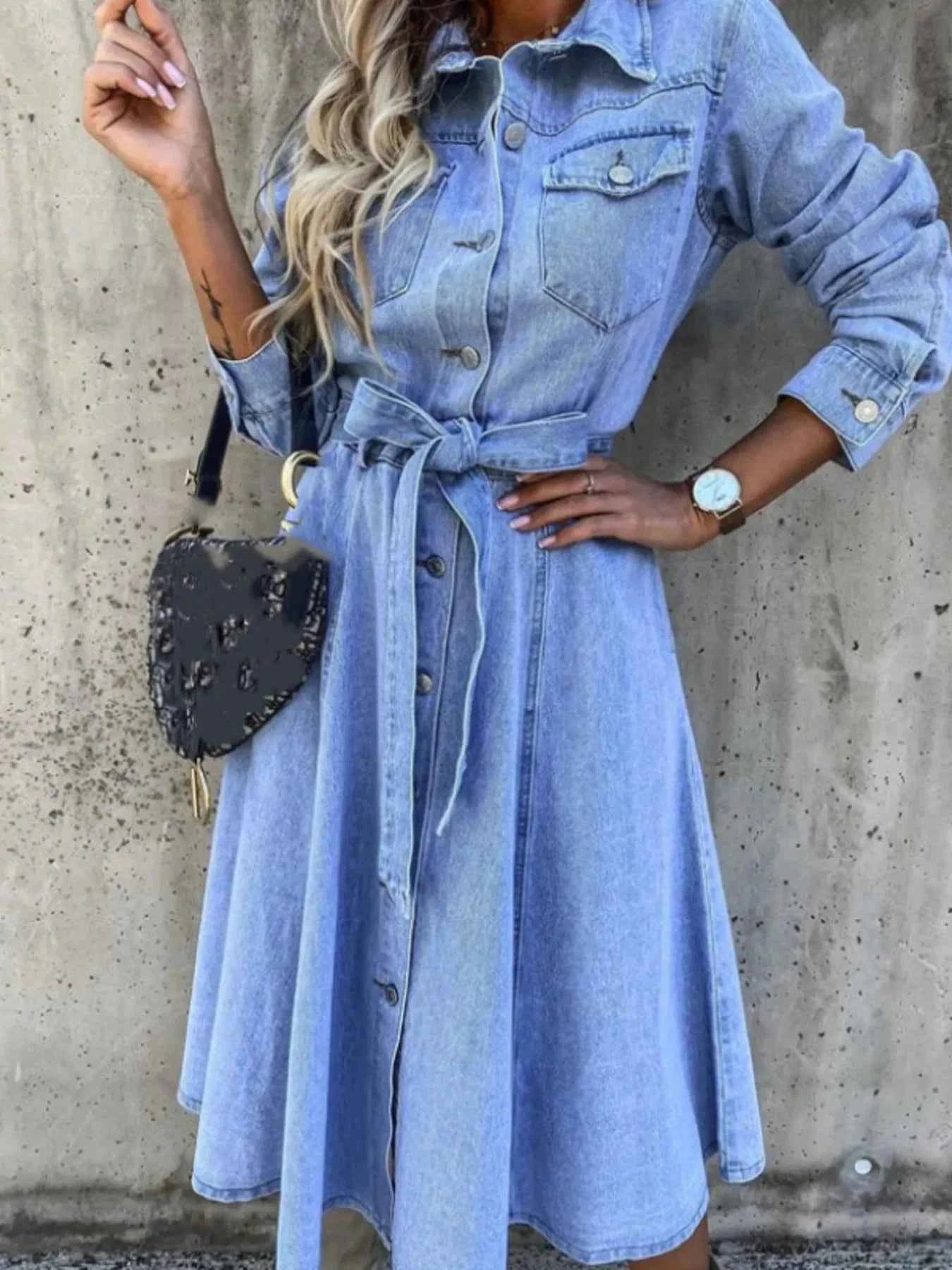 Full Size Tie Waist Button Front Denim Shirt Dress Plus Size Blue 54eb50a899af490794249aabe9c5dfeb-Max-Origin