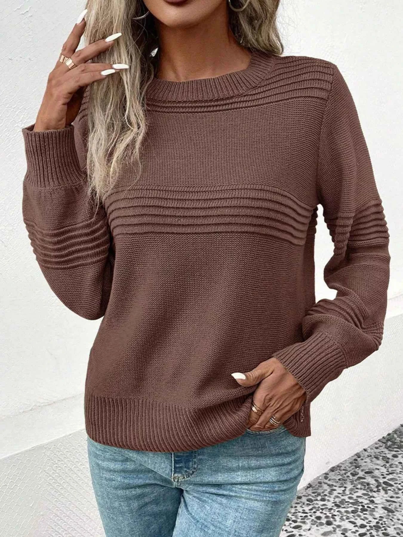Round Neck Long Sleeve Sweater Brown 54fde17f-d463-4810-b76e-3858e7c461aa-Max-Origin