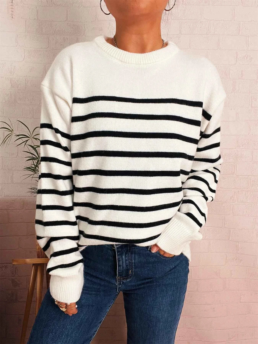 Striped Round Neck Drop Shoulder Sweater 5507519a348a4614b2a0704af6278aa9-Max-Origin