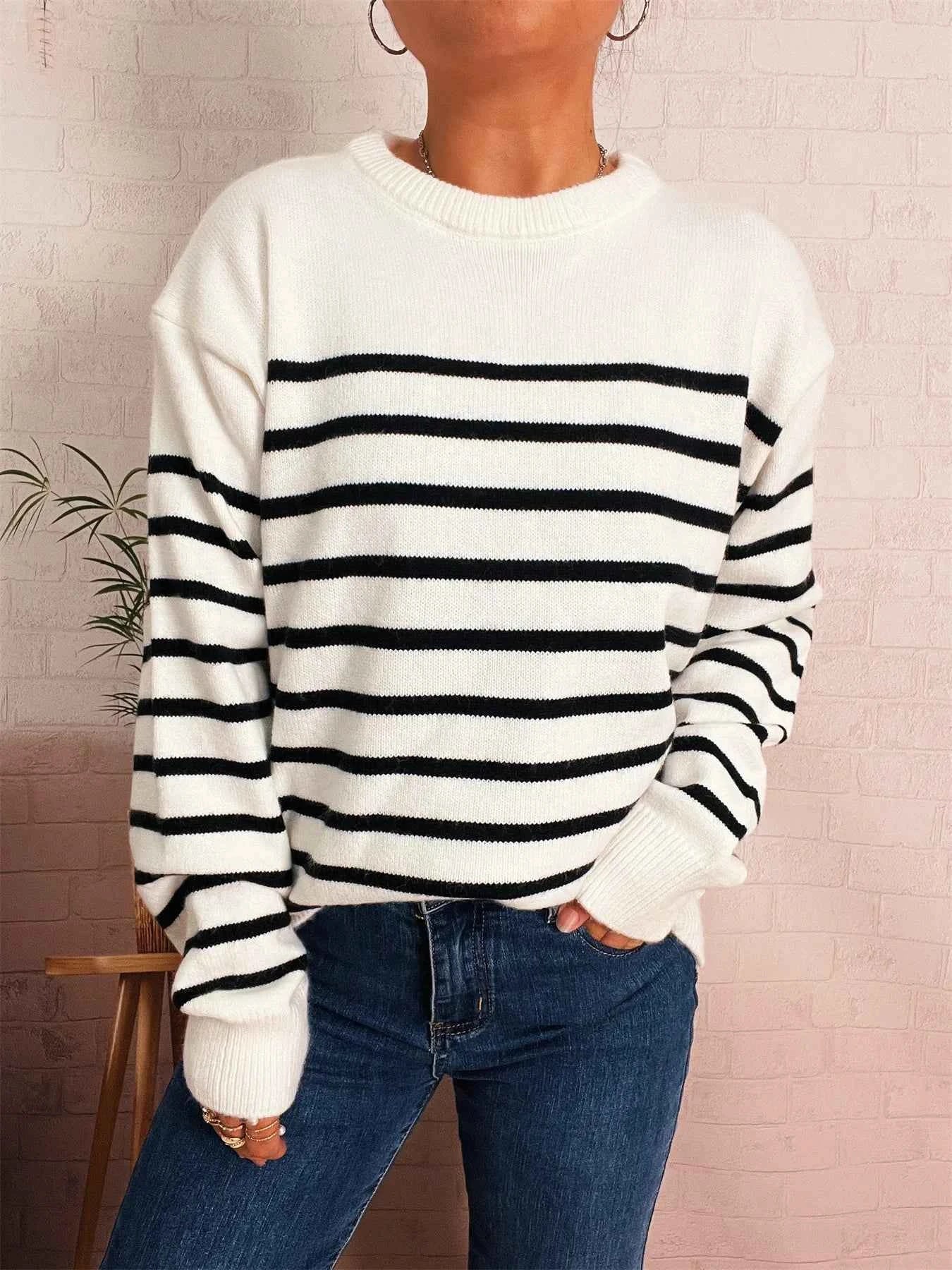 Striped Round Neck Drop Shoulder Sweater 5507519a348a4614b2a0704af6278aa9-Max-Origin