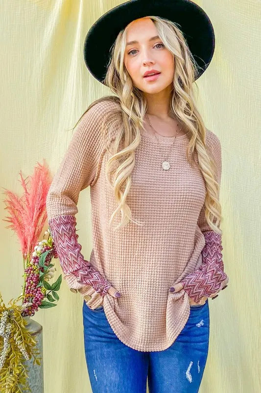 And The Why Button Detail Printed Sleeve Waffle Knit Top 5517c0b1f917476d972634102e034b89-Max-Origin