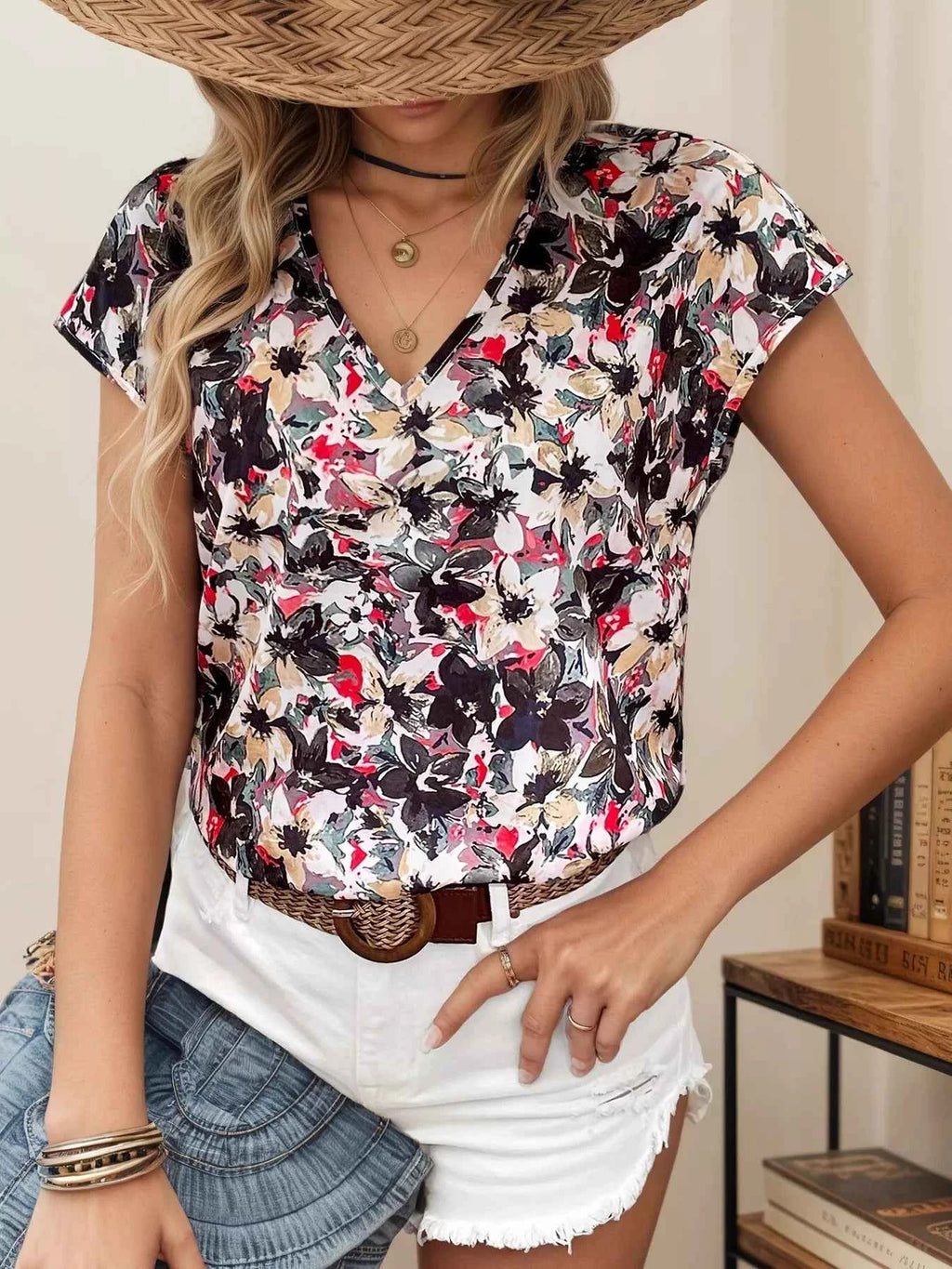 Floral Print V-Neck Short Sleeve T-Shirt 55214147132d400d9e2715442f94d4fc-Max-Origin
