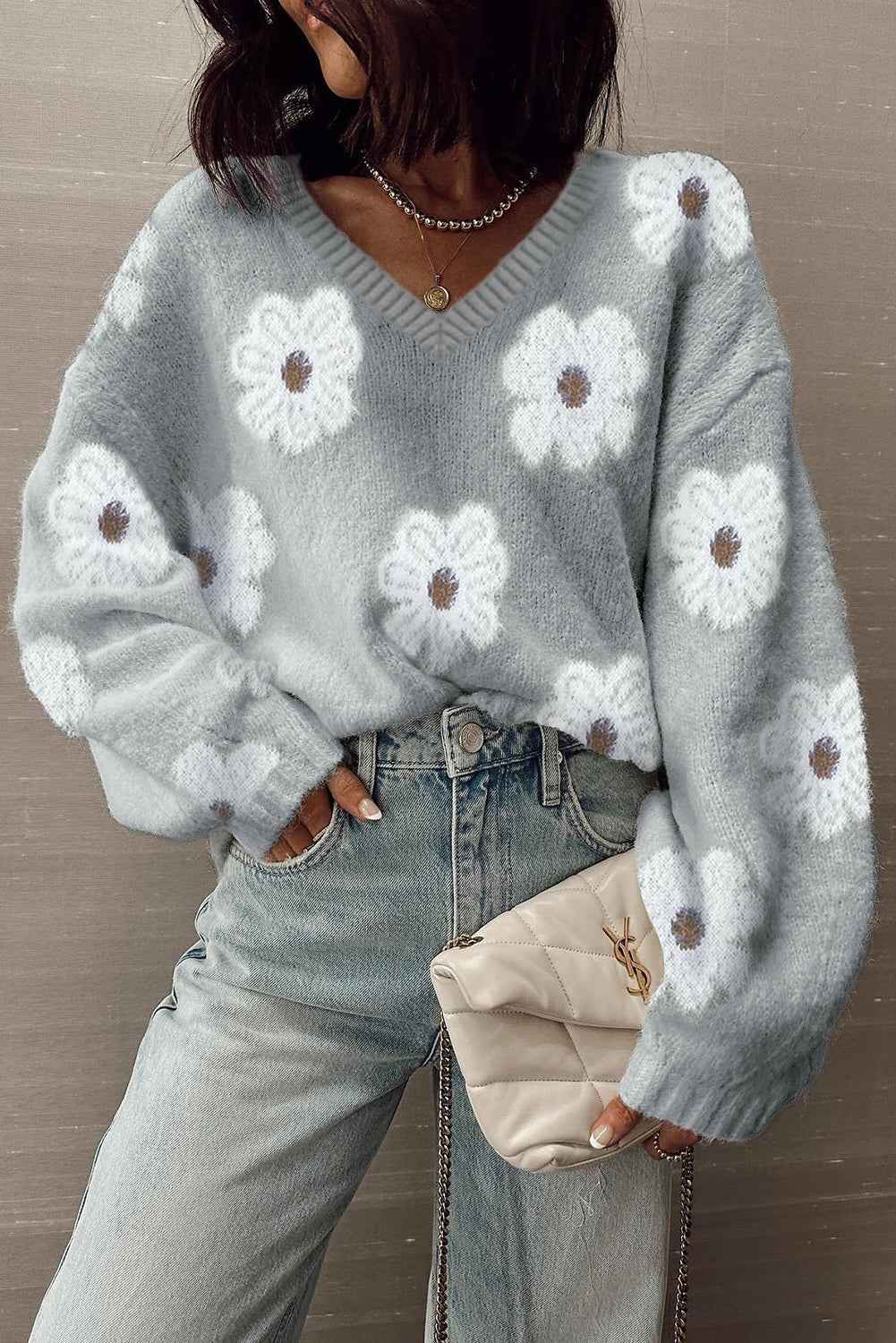 Gray Cute Flower Print V Neck Drop Shoulder Baggy Sweater Gray 70%Regenerated Polyester+27%Polyester+3%Elastane 5523c821cadeb119