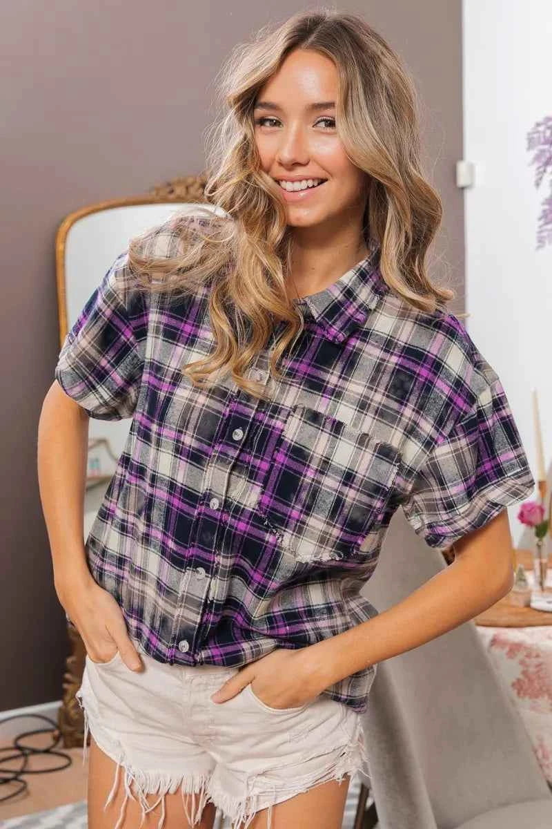 BiBi Mineral Washed Plaid Short Sleeve Shirt 5523de3ab9c6493e9687f4f515cd518d-Max-Origin