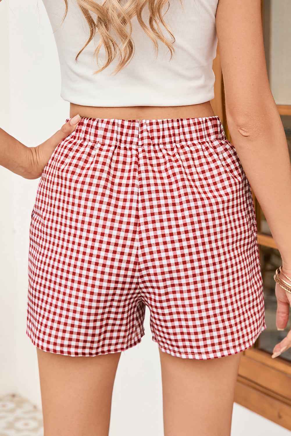 Red Vintage Plaid Print High Waisted Loose Wide Leg Shorts Red Stripe 553236743f922a4c