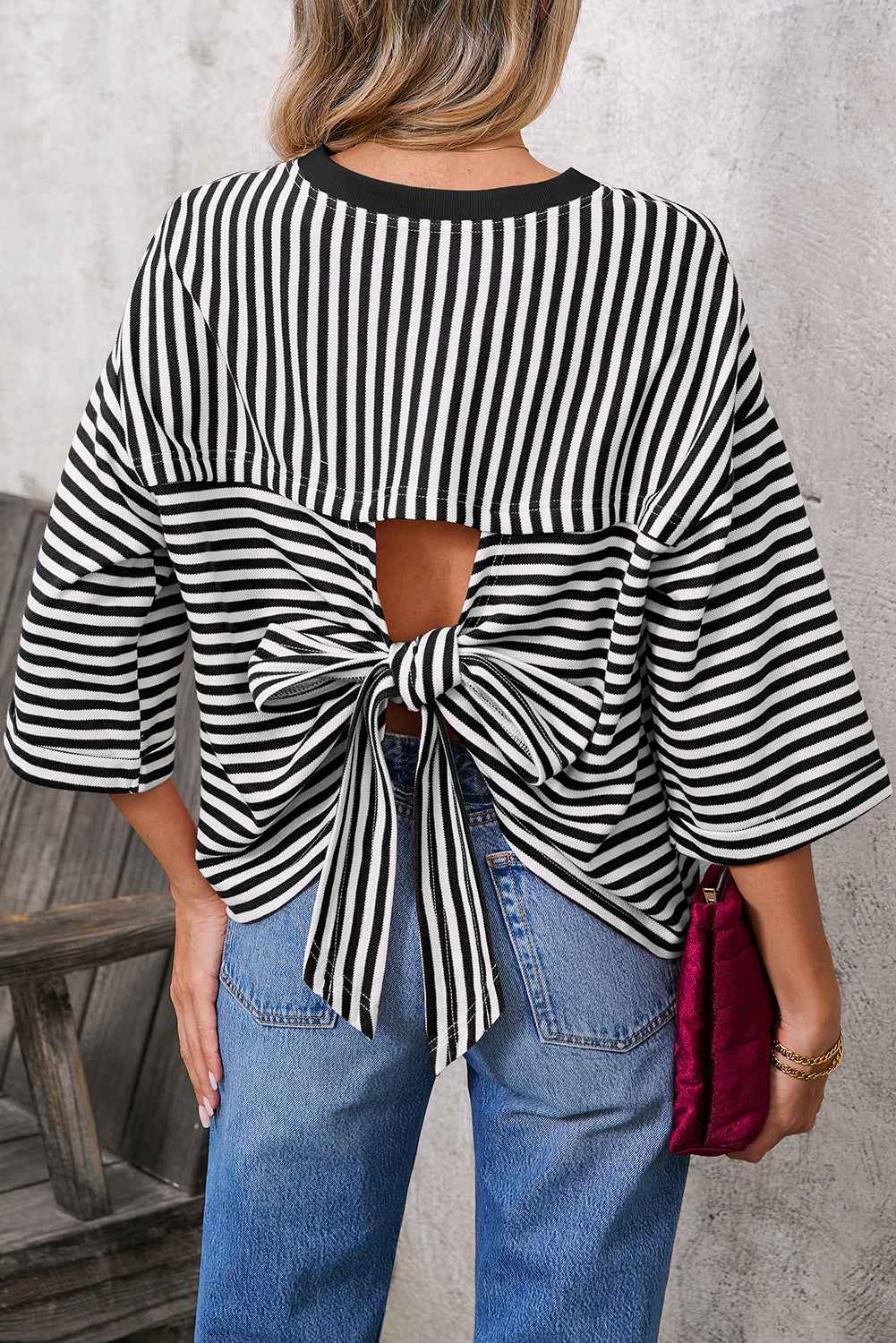 Red Striped Bowknot Backless T-Shirt Black Stripe 556c25e312deaf76