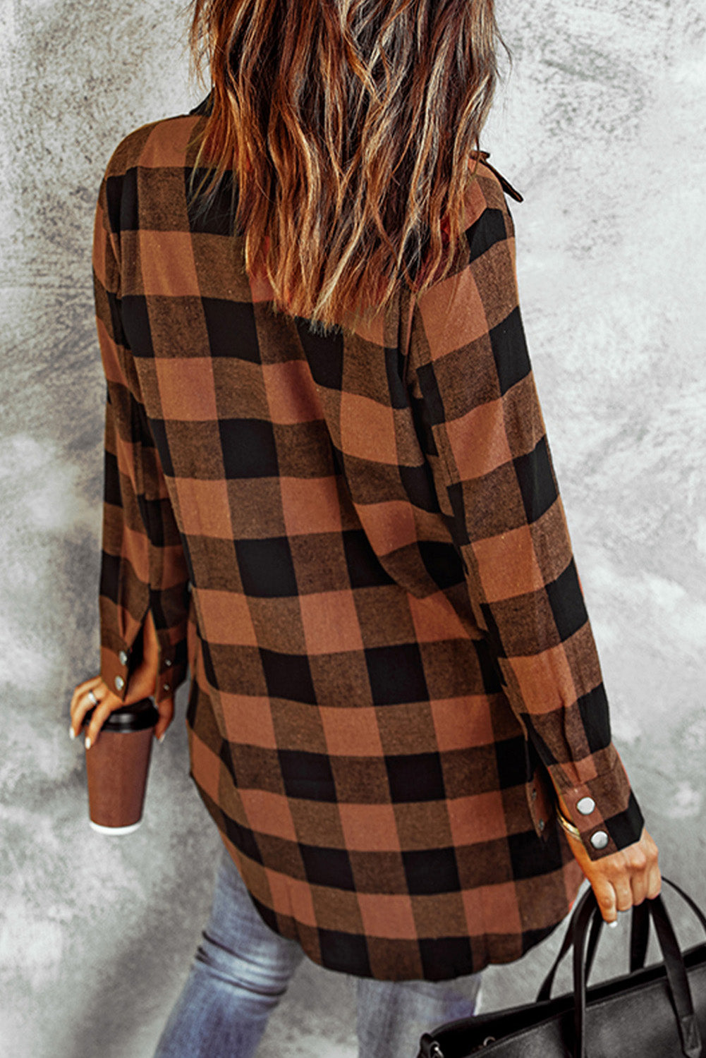 Brown & Black Plaid Collared Botton Down Long Shirt Shacket 557d31c74032872a