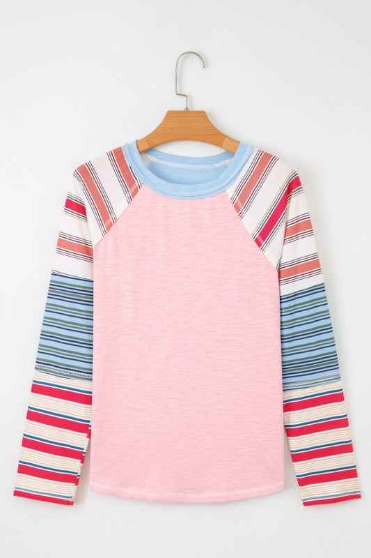 Stripe Patchwork Reverse Seam Long Sleeve Top Pink 557f4a31-6c4e-41e0-935b-74efb013a7ae