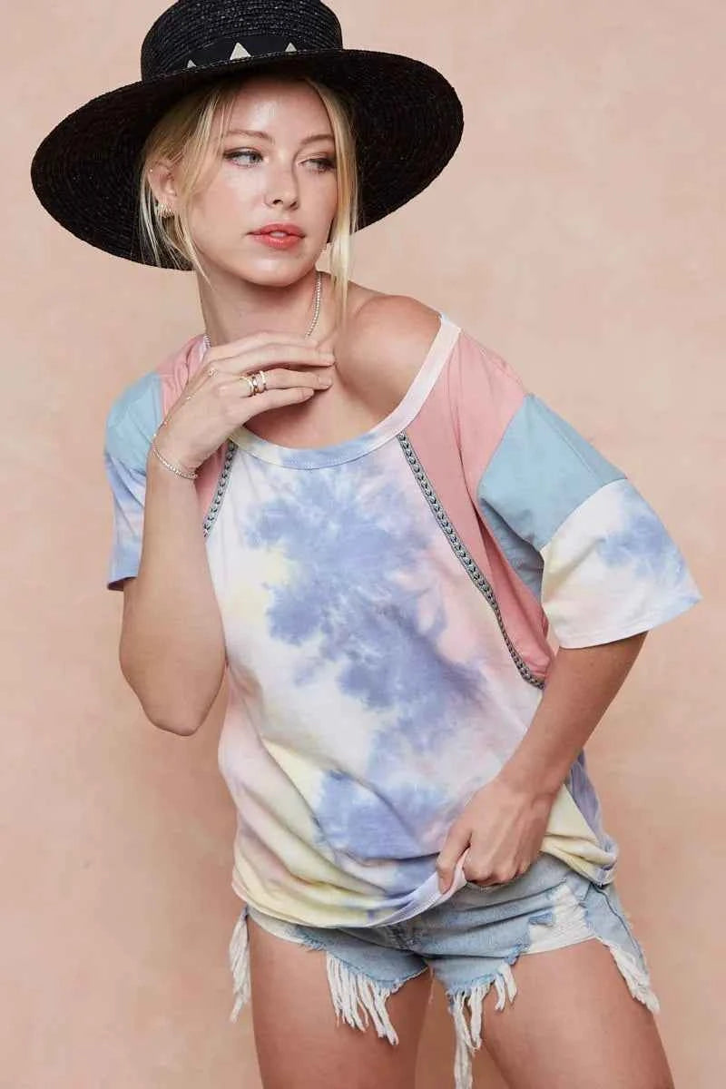 BiBi Tie Dye Printed Cotton Color Block T-Shirt 5590116c0d2246c8aee575a145a64ac2-Max-Origin