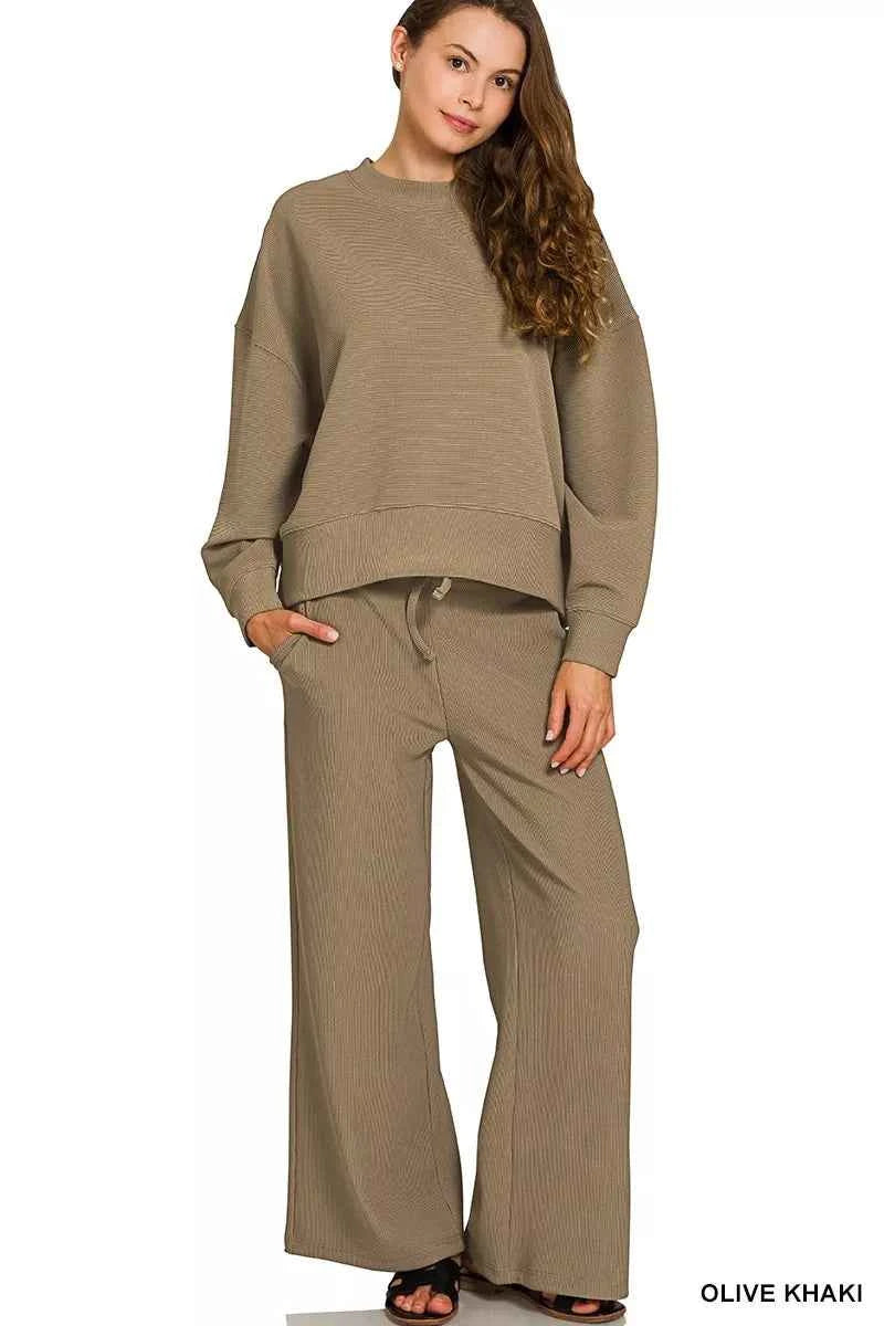 Zenana Ribbed Round Neck Pullover and Drawstring Pants Set OLIVE KHAKI 55ad654c2cfd45ddaa8a47cb0b7b3886-Max-Origin