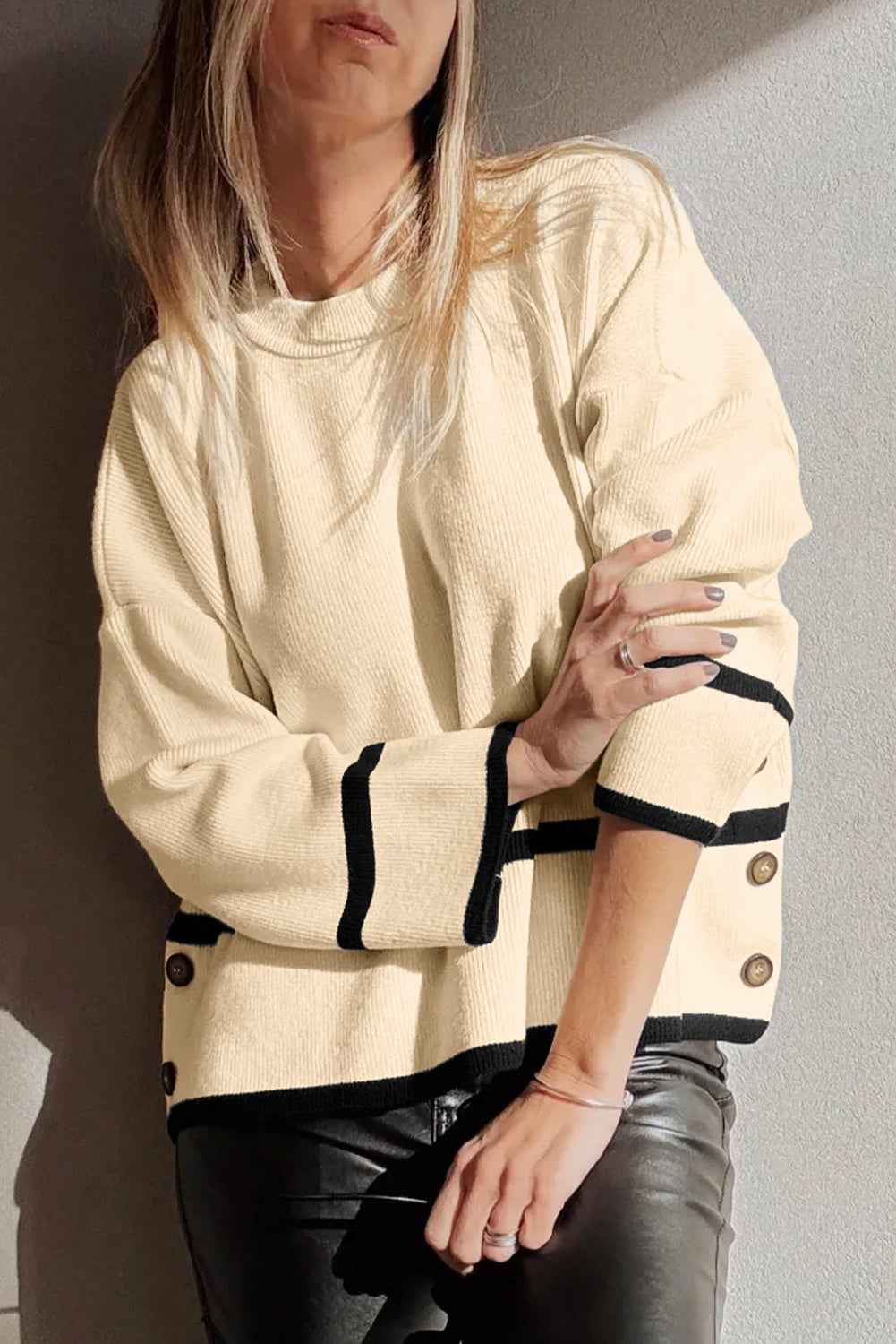 Beige Ribbed Knit Contrasted Stripe Detail Button Side Loose Sweater 55b72190d6b97ccd
