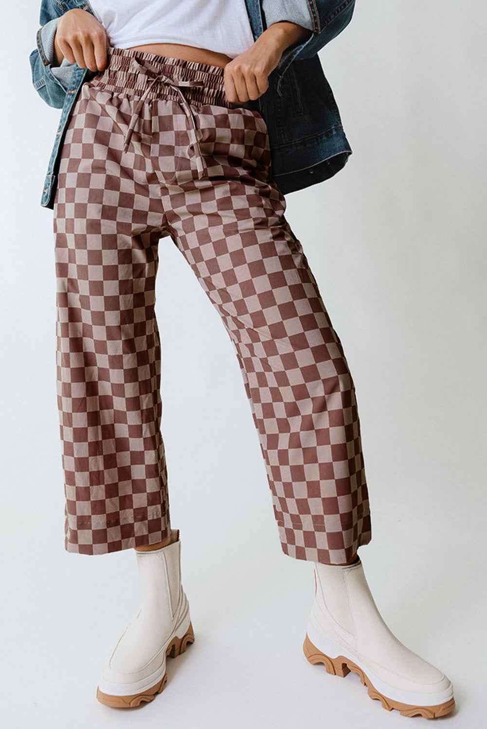 Khaki Tie Elastic Waist Checkered Loose Pants 55bac1bf8fcbd665