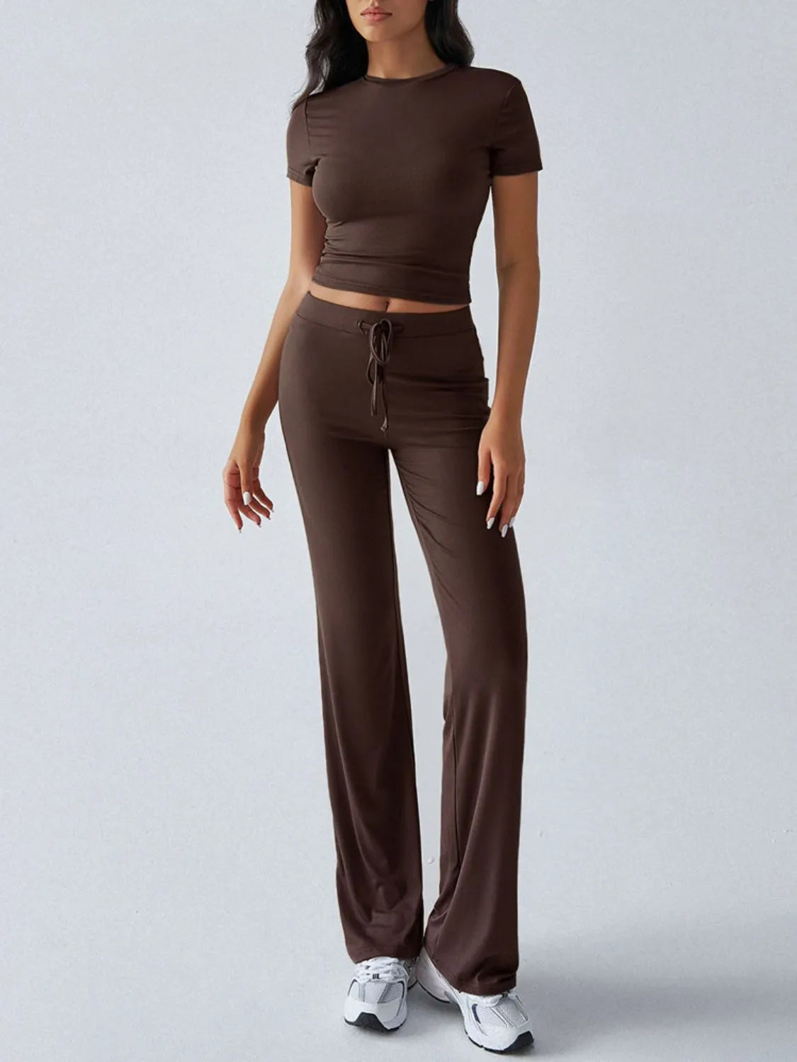 Round Neck Short Sleeve Top and Pants Set Brown 55c8e0c7-0099-49ba-81b8-d7008404b923-Max-Origin