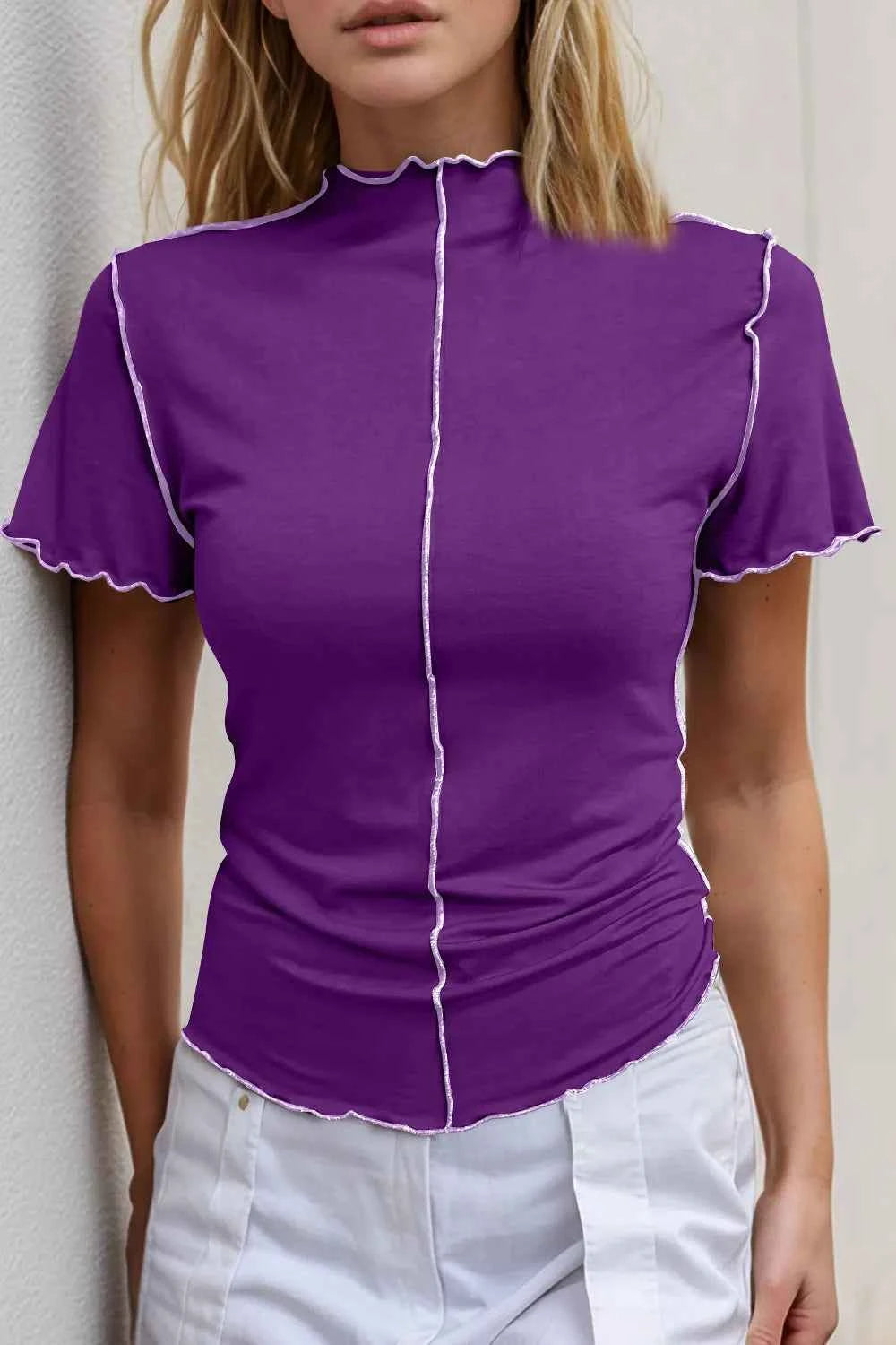 Basic Bae Contrast Trim Mock Neck Short Sleeve T-Shirt Purple 55cff820-78e4-41ac-82d9-6c2bc6a80c0a-Max