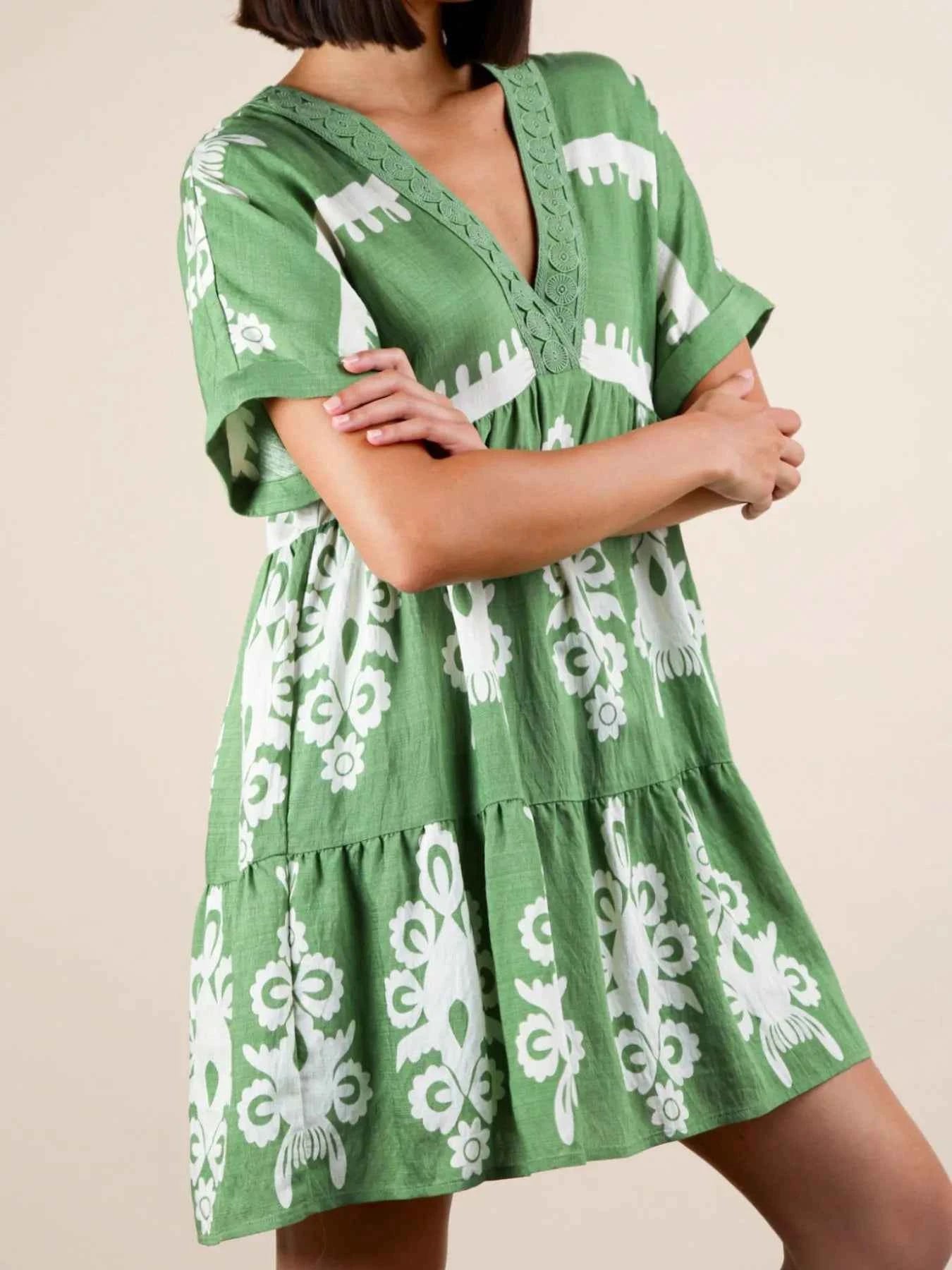 Printed V-Neck Short Sleeve Mini Dress 55d67495-452e-4867-889e-3ab212442508-Max-Origin