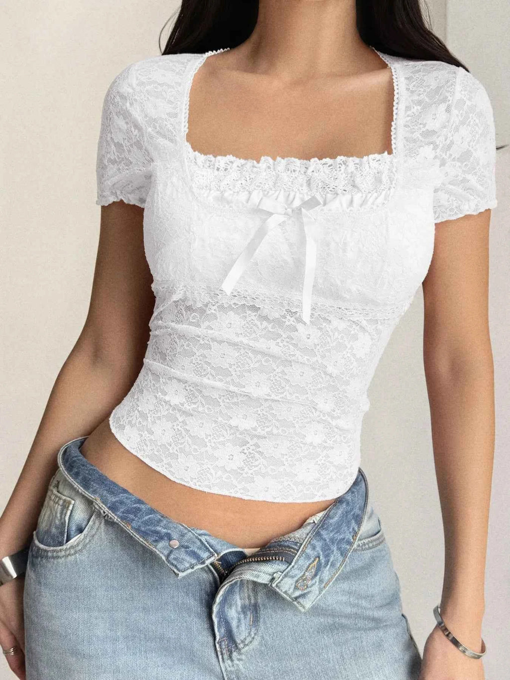 Lace Short Sleeve T-Shirt with Bow Detail 55dc64c43a5a4e548a673614b5af6c88-Max-Origin