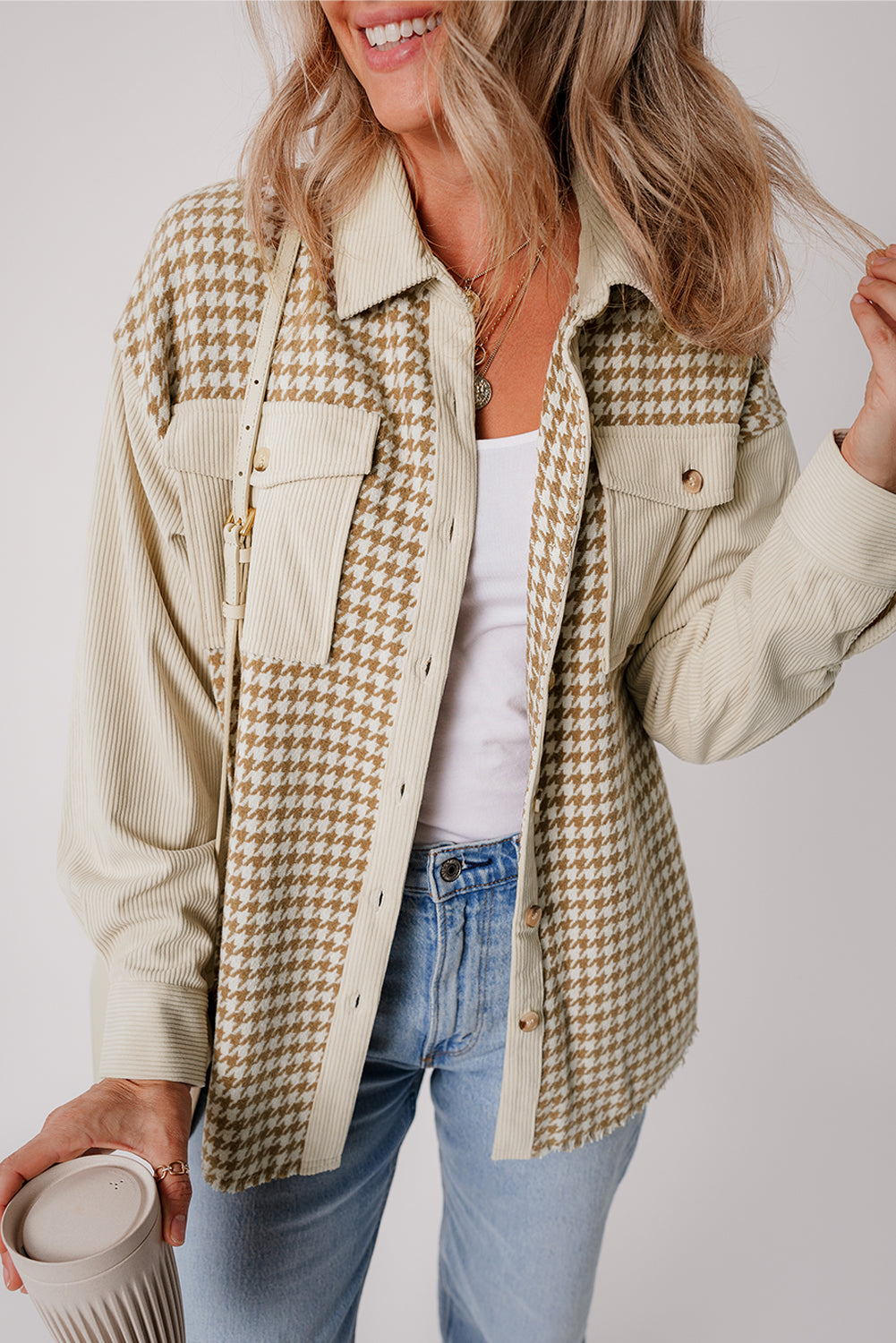 Parchment Houndstooth Corduroy Patchwork Flap Pocket Shacket 55e0af55f643b218
