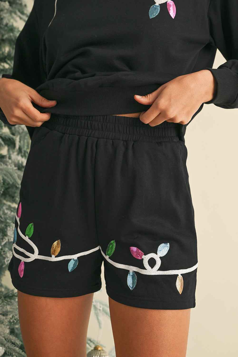 Black Sequin Merry Graphic Pullover and Shorts Set 55e1c4ad2aaa1046